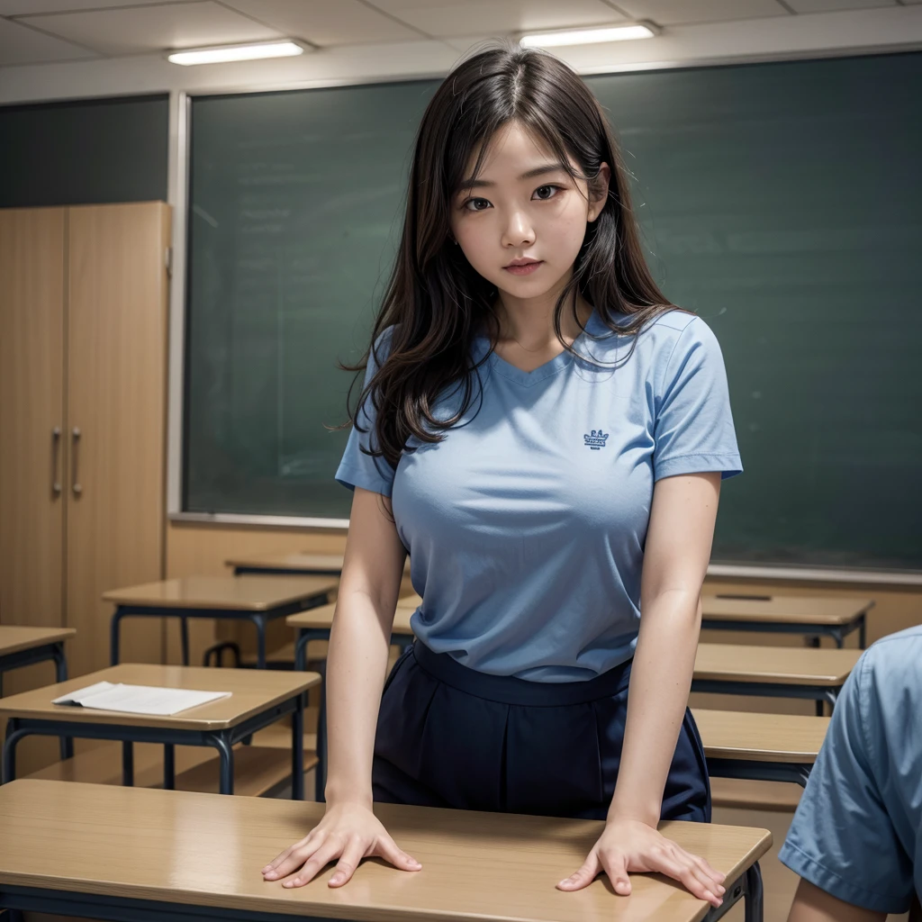 Teacher teaching with blue shirt