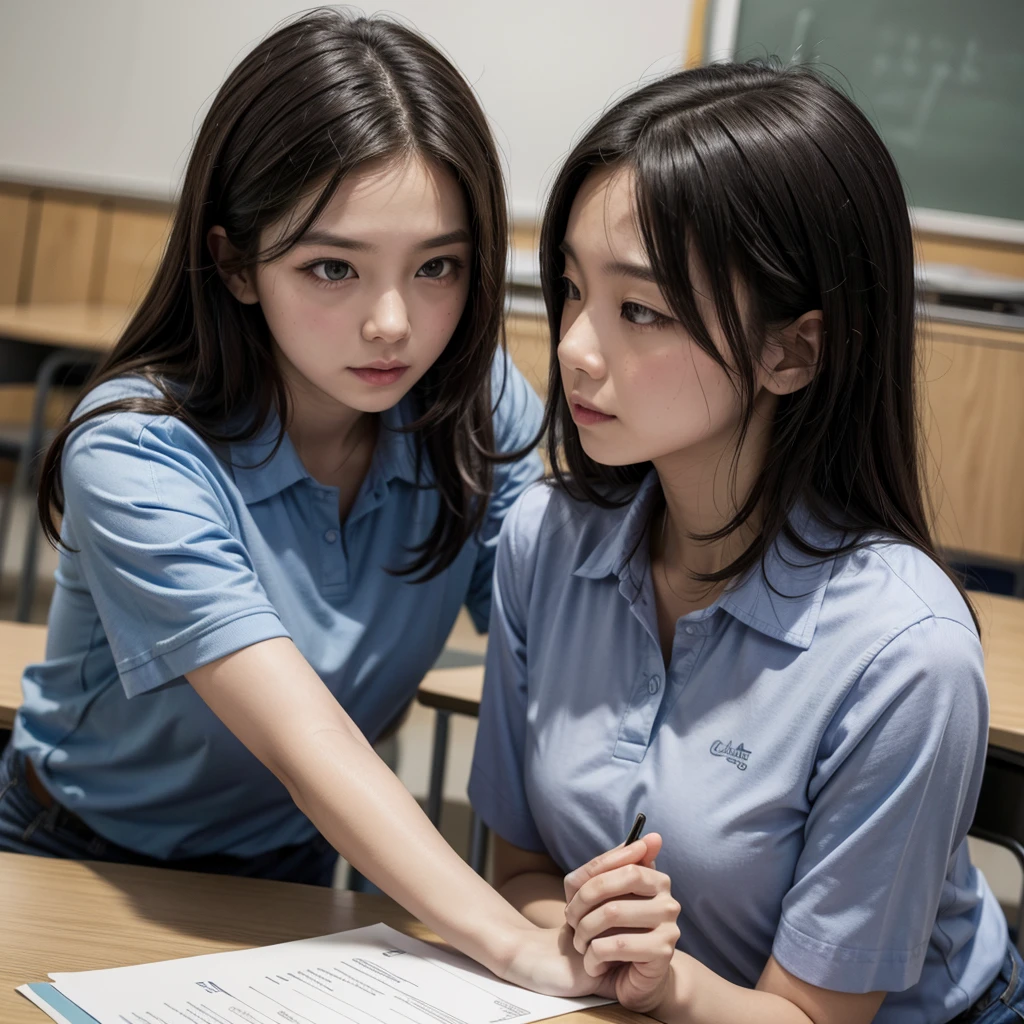 Teacher teaching with blue shirt