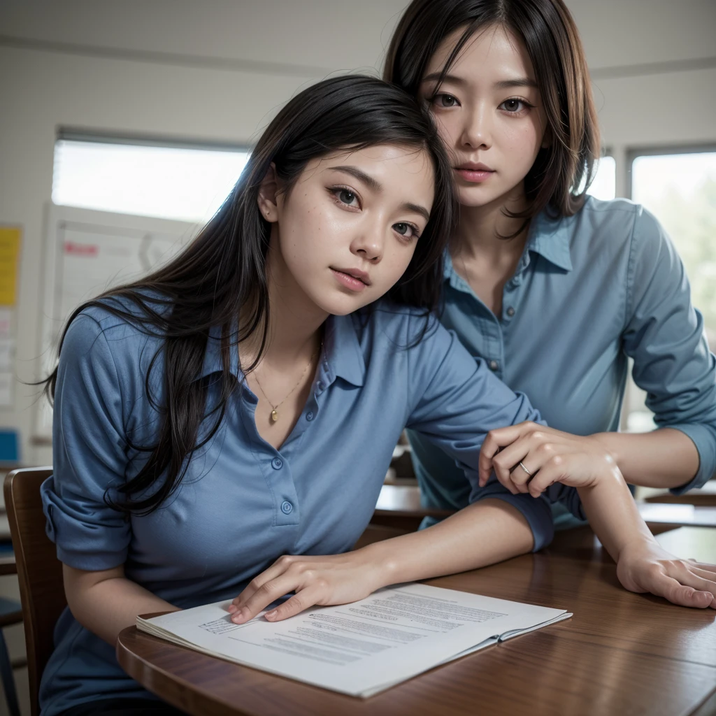 Teacher teaching with blue shirt