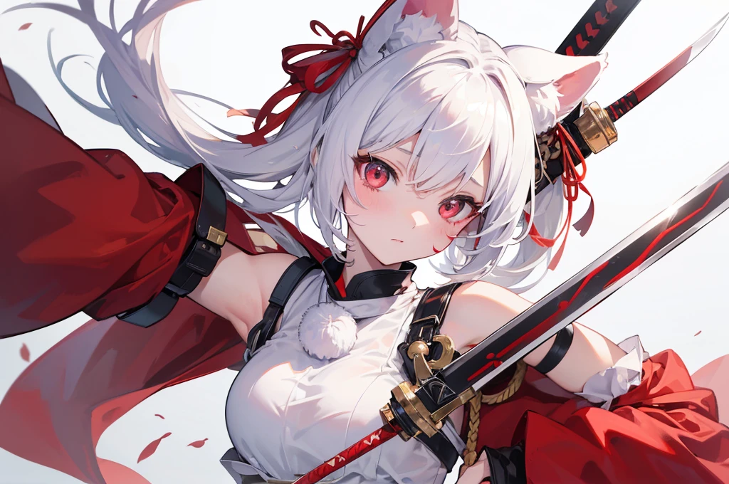 (Highest quality) (4K) (8k) (High resolution) (masterpiece:1.2) (Super detailed) One girl Inubashiri Momiji panic Covered in scars (White background) Upper Body Holding a sword