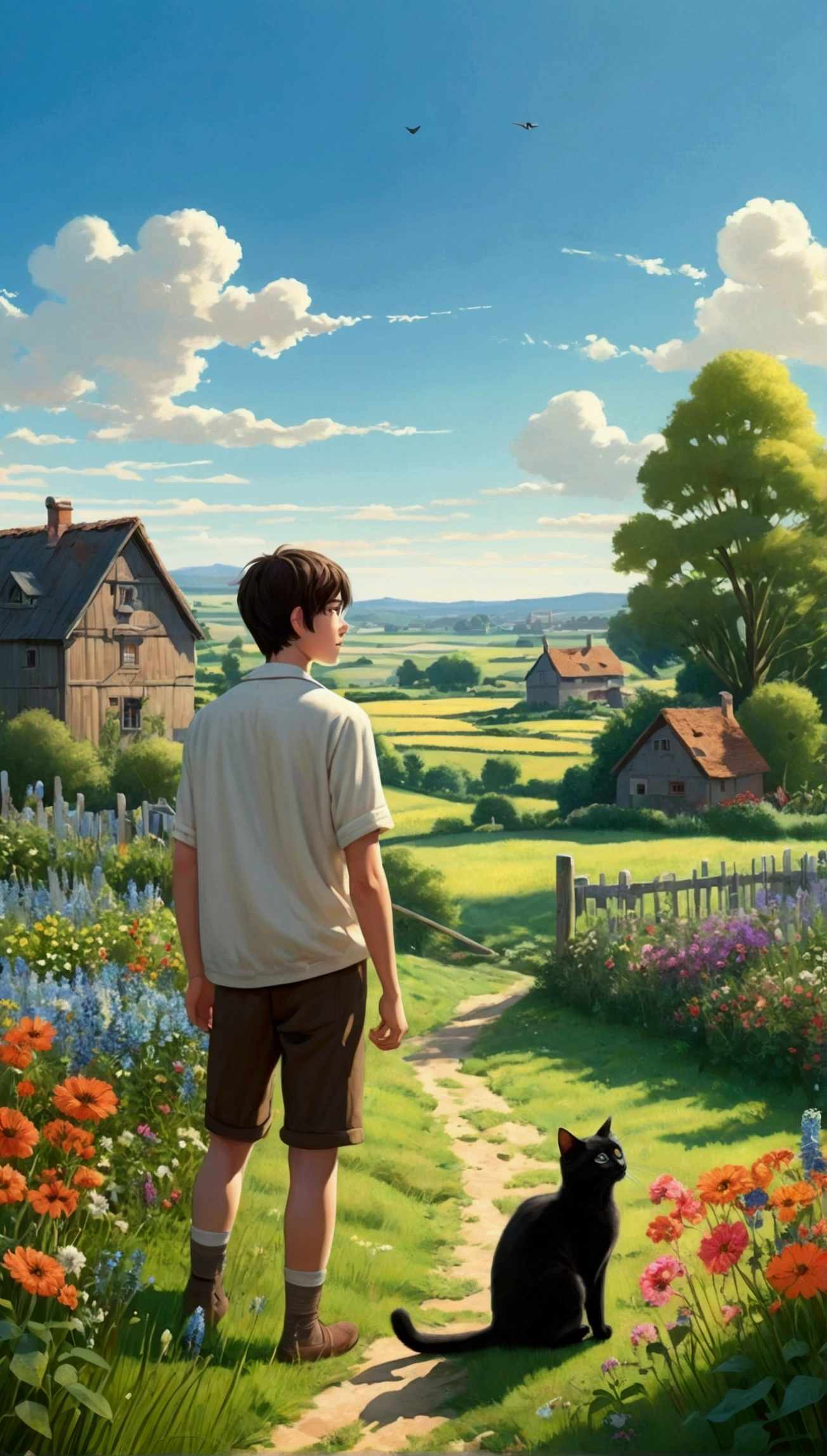 Peaceful world scenery, Wildflowers, wood, The sun shines in the blue sky, Some houses and fields in the background, In the distance, A young man with short dark brown hair and light clothing、Looking at the scenery with a black cat。, first work, high quality, In a gentle garden landscape style.