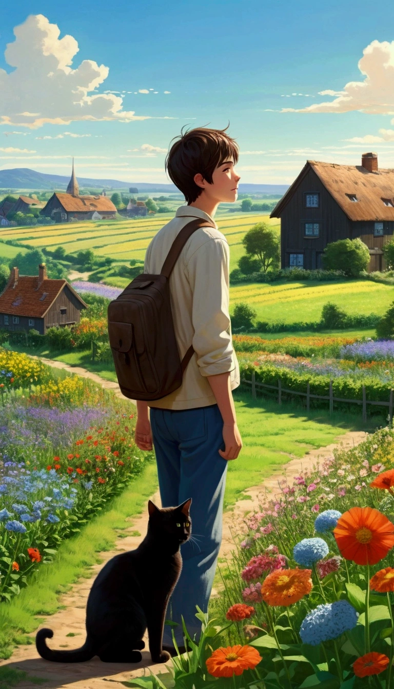 Peaceful world scenery, Wildflowers, wood, The sun shines in the blue sky, Some houses and fields in the background, In the distance, A young man with short dark brown hair and light clothing、Looking at the scenery with a black cat。, first work, high quality, In a gentle garden landscape style.