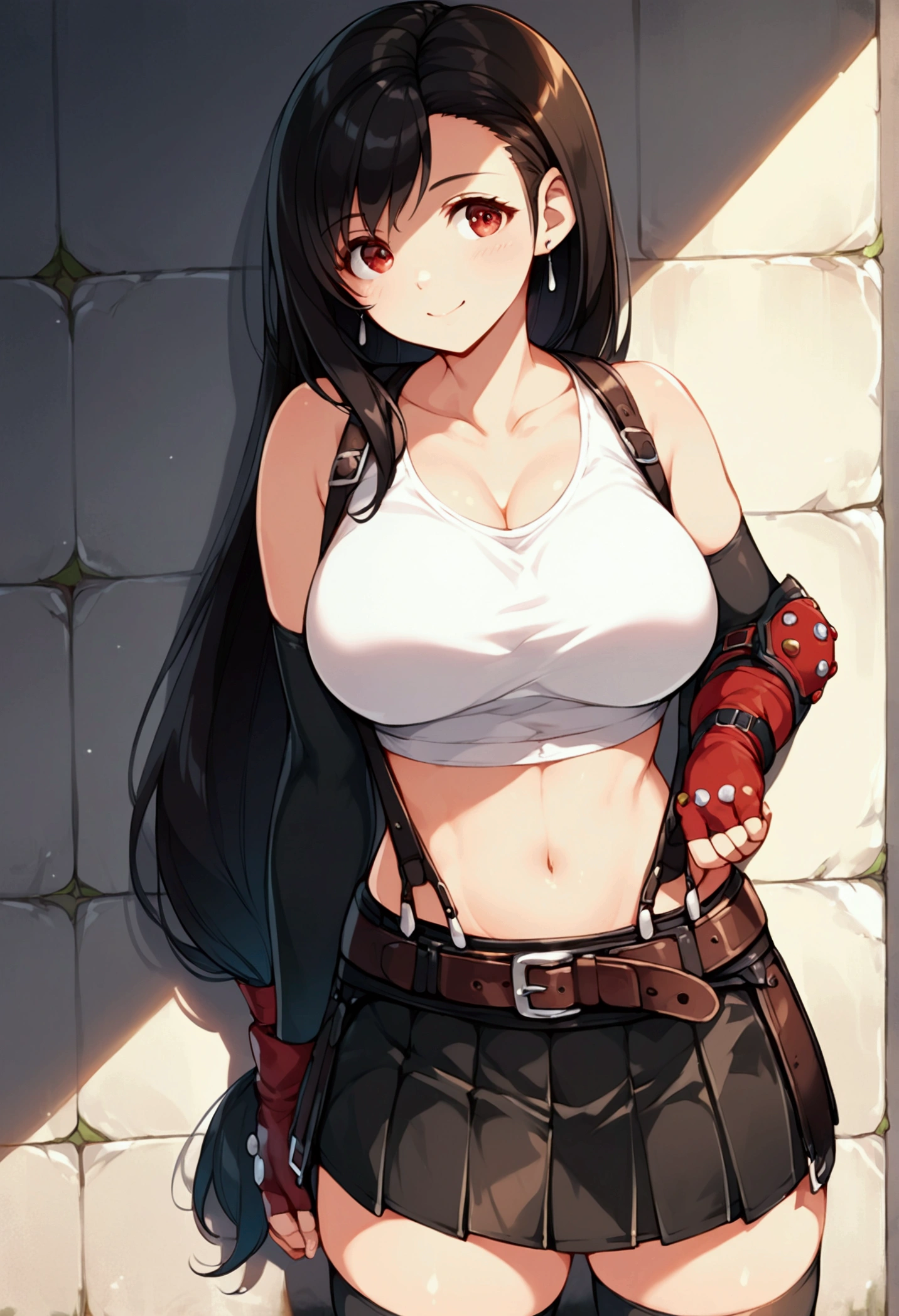 (score_9, score_8_up, score_7_up),,BREAK , ,dynamicangle,,breast focus,,standing,leaning on wall. upperbody,,Solo ,1girl, tifa lockhart, final fantasy, tareme,black hair, low-tied long hair, red eyes, bangs, (white tank top, belt, pleated skirt, thighhighs, elbow fingerless gloves, elbow pads, midriff, navel,suspender skirt) ,(large_breast),(light smile),daytime,outdoor,(ultra detailed),(best quality),(aesthetic,very aesthetic),UHD,extremely detailed CG unity 8k wallpaper,depth of field,,