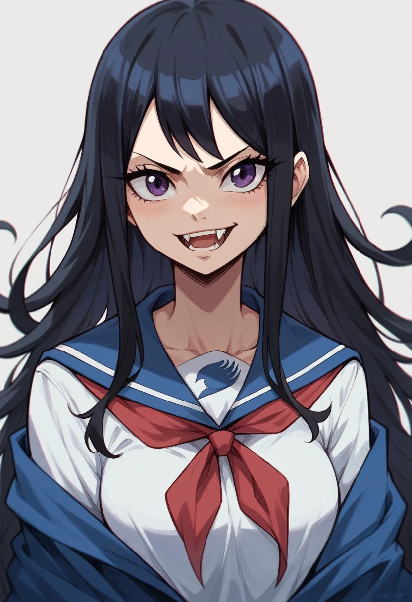 Anime girl with long black hair and purple eyes and subtle fangs. In a all blue school girl uniform. Looks 18 [ART STYLE: FAIRY TAIL ANIME]