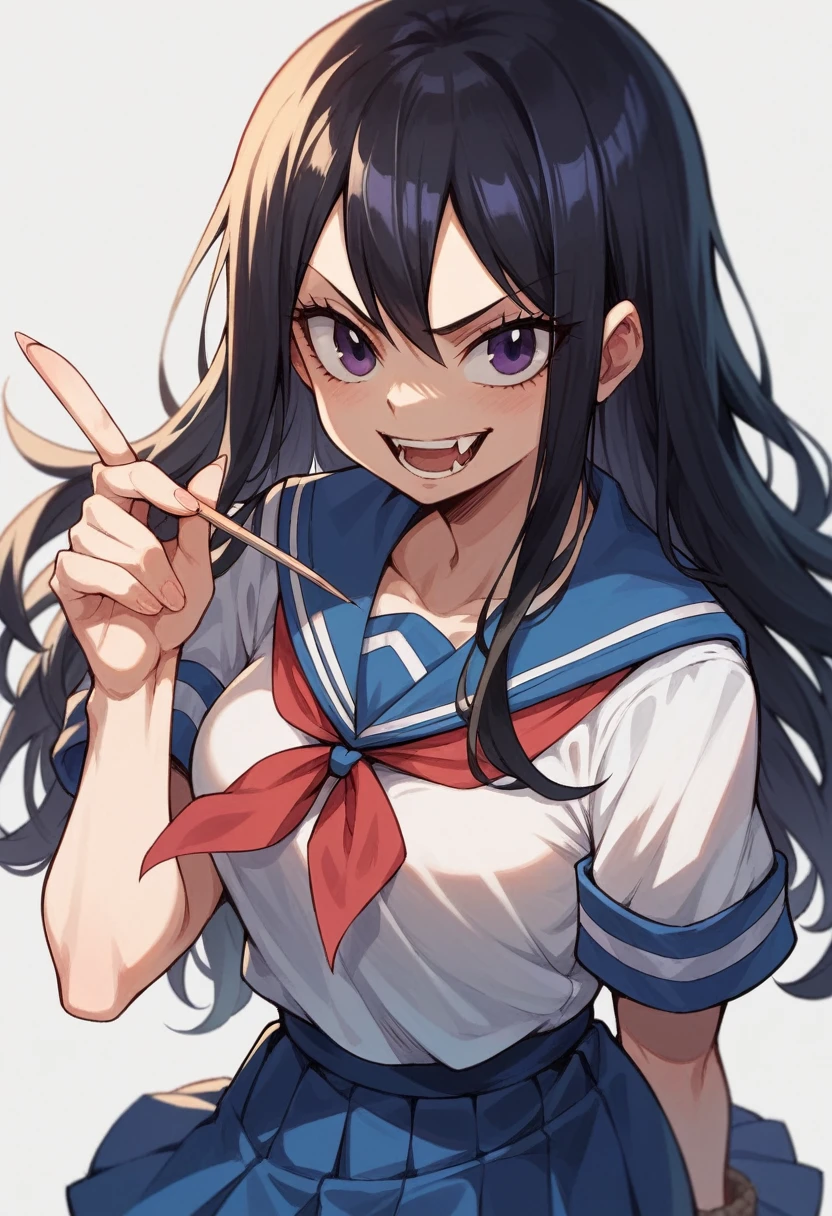 Anime girl with long black hair and purple eyes and subtle fangs. In a all blue school girl uniform. Looks 18 [ART STYLE: FAIRY TAIL ANIME]