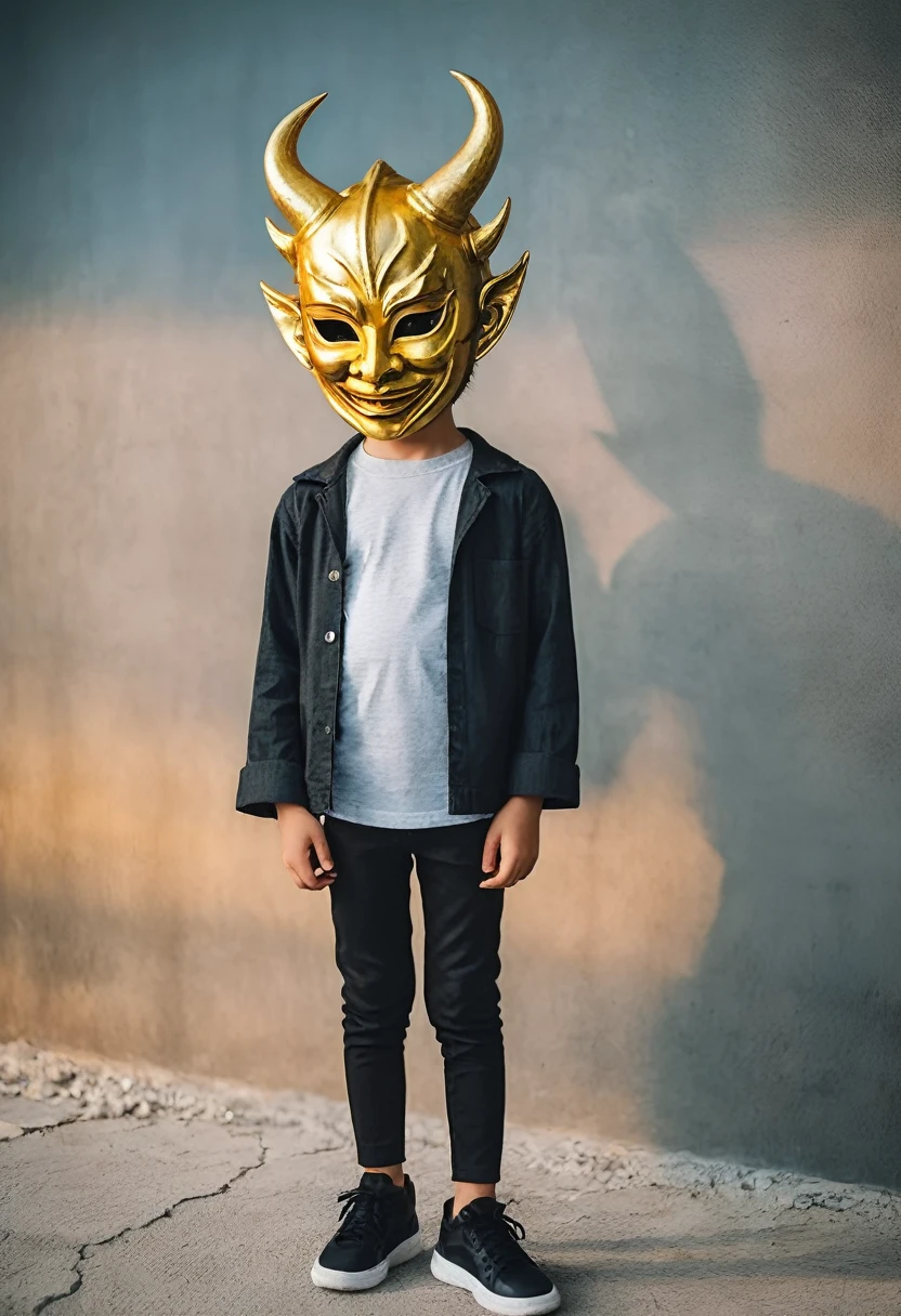 boy with demon mask with golden touches taking photos 