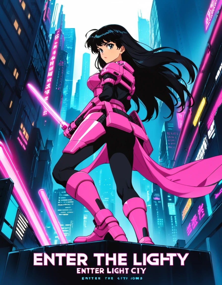 (1980s anime style), (movie poster:1.2), (title logo “ENTER THE LIGHT CITY”:1.2), cyberpunk city background, vibrant neon, cyber samurai girl, black hair, long hair, hold light saber, pink cyber samurai armor, (action pose), from {above|below|side|behind}