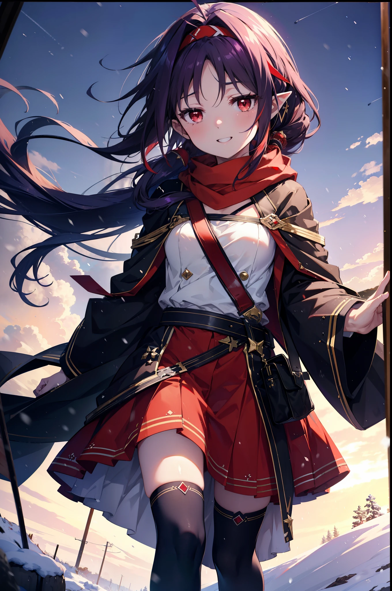 yuukikonno, Konno Yuuki, Long Hair, Pointed Ears, Purple Hair, (Red eyes:1.5), (Small breasts:1.2), Open your mouth,happy smile, smile, Open your mouth,hair band,low ponytail,Red Scarf,Purple long coat,V-neck sweater,Long skirt,short boots,snowが降っている,snowが降り積もっている,snow,snow,snow,snow,winter,Cold night,Walking,whole bodyがイラストに入るように,Looking down from above,
break looking at viewer, whole body,
break outdoors, In town,
break (masterpiece:1.2), Highest quality, High resolution, unity 8k wallpaper, (figure:0.8), (Beautiful attention to detail:1.6), Highly detailed face, Perfect lighting, Highly detailed CG, (Perfect hands, Perfect Anatomy),