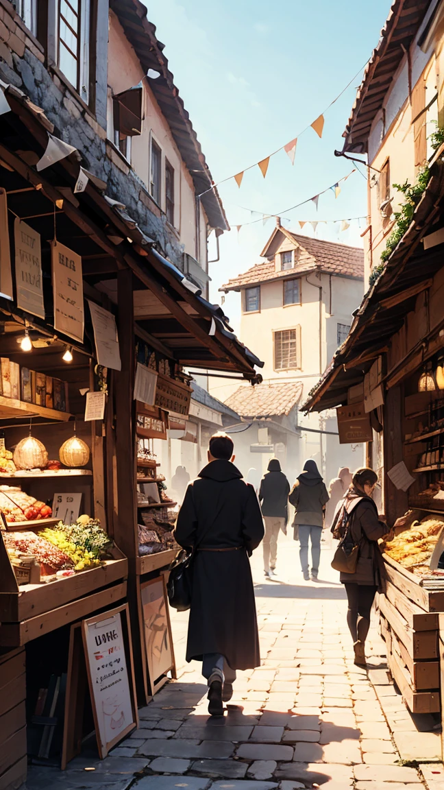 Draw a scene in a medieval market And there were people walking around in chaos. in the Romanesque era