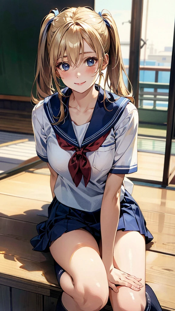 (masterpiece:1.3, Highest quality, Ultra-high resolution, Very detailed), (Realistic, photoRealistic:1.4), Beautiful illustrations, Perfect lighting, Natural light, colorful, Written boundary depth, NFSW,
View your viewers, 1 Girl, Japanese, high school girl, Perfect Face, Cute and symmetrical face, Shiny skin, Sunburned skin,
(Twin tails:1.5, Blonde), Hair between the eyes, blue eyes, (Large Breasts, seductive Thighs, Big Ass), Thighs, sum,
Beautiful Hair, Beautiful Face, Beautiful attention to detail, Beautiful clavicle, Beautiful body, Beautiful breasts, 美しいThighs, Beautiful feet, Beautiful fingers,
(Beautiful views), (Pose to open legs), (Captivating smile,), (School uniform),(loose socks)