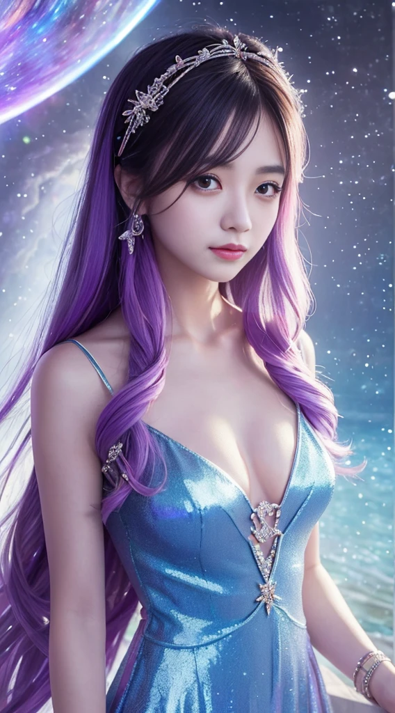 bottom: Mysterious quantum environment, Cosmic elements and ethereal atmosphere,A mix of bright lights and colorful nebulae. he: A mysterious girl with a magical aura. She has plenty of time, Colorful wavy hair, Shiny Hair Stands Out. he的眼睛深邃而富有表情, Reflective Universe. She was wearing a flowing purple and blue dress...., With intricate details and mysterious textures. Color Palette: A combination of mysterious tones such as cosmic purple, Heavenly, Soft pink and light gold. Create contrast, Adding Depth, Dark, like deep purple or night blue. Aesthetic: Aesthetics incorporates Mistycore elements, Known for its mysterious and ethereal atmosphere, and crystal nucleus, With its crystal clear clarity and outstanding detail. This girl exudes magical energy,he的存在笼罩着她,charming. Covered: Keep the subtle bright effect and glow overlay around the girl, Covered: Add a soft glow effect around the girl and the crystals, Seems to exude magic. return, Add small sparkle details to enhance the ethereal atmosphere, Full body capture.(Beautiful and detailed description of the eyes),Unreal Engine:1.4,Ultra HD,Best quality:1.4, (Realistic:1.4),( Texture:1.4), (masterpiece:1.8)