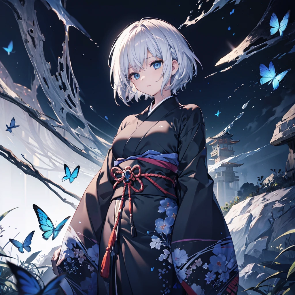 (((1 person)))　((High resolution　Gray Hair　short hair　Make your hair shine from the inside　Black kimono　Shoulder　Hold the knife in front of your chest　Stand up your collar))　((Black Band　Samurai　Military commander　general　Lonely　despair　blue eyes))　((Blue Butterfly　night　Japanese style　old　Shining Aura　garden　water surface　Catch the wind))　(dance　Japanese knife　knife　Slashing)　moonlight　Star　Draw your sword　Shining Background　Shining Edge