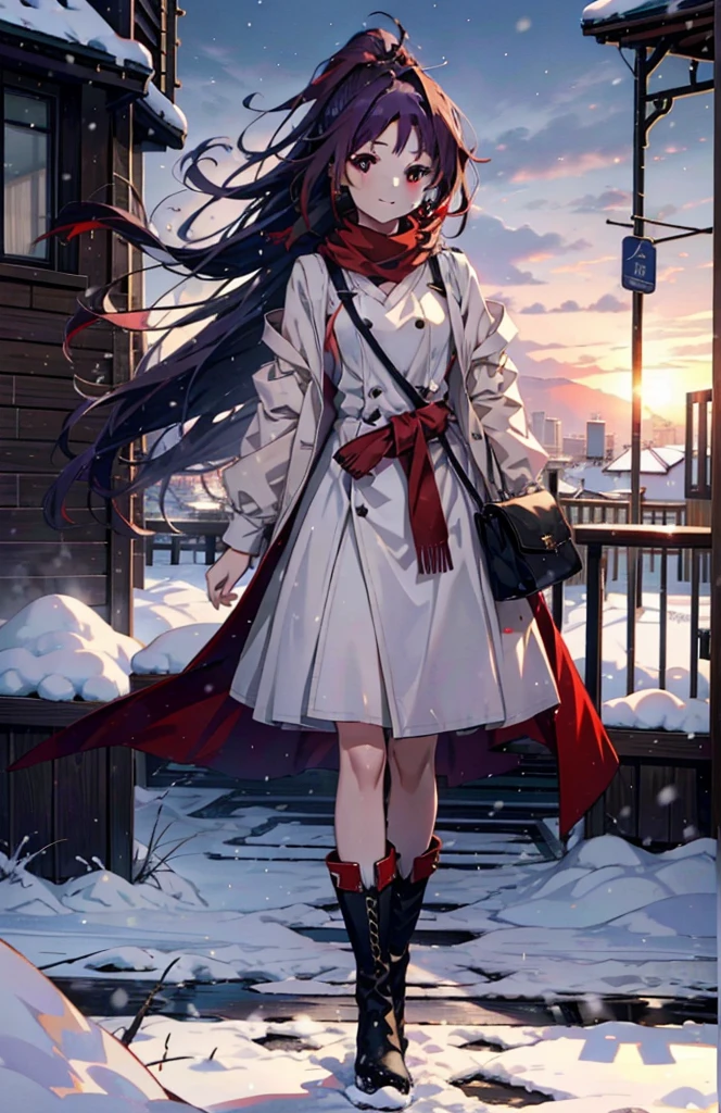 yuukikonno, Konno Yuuki, Long Hair, Pointed Ears, Purple Hair, (Red eyes:1.5), (Small breasts:1.2), Open your mouth,happy smile, smile, Open your mouth,hair band,low ponytail,Red Scarf,Purple long coat,V-neck sweater,Long skirt,short boots,snowが降っている,snowが降り積もっている,snow,snow,snow,snow,winter,Cold night,Walking,whole bodyがイラストに入るように,Looking down from above,
break looking at viewer,  whole body,
break outdoors, In town,
break (masterpiece:1.2), Highest quality, High resolution, unity 8k wallpaper, (figure:0.8), (Beautiful attention to detail:1.6), Highly detailed face, Perfect lighting, Highly detailed CG, (Perfect hands, Perfect Anatomy),