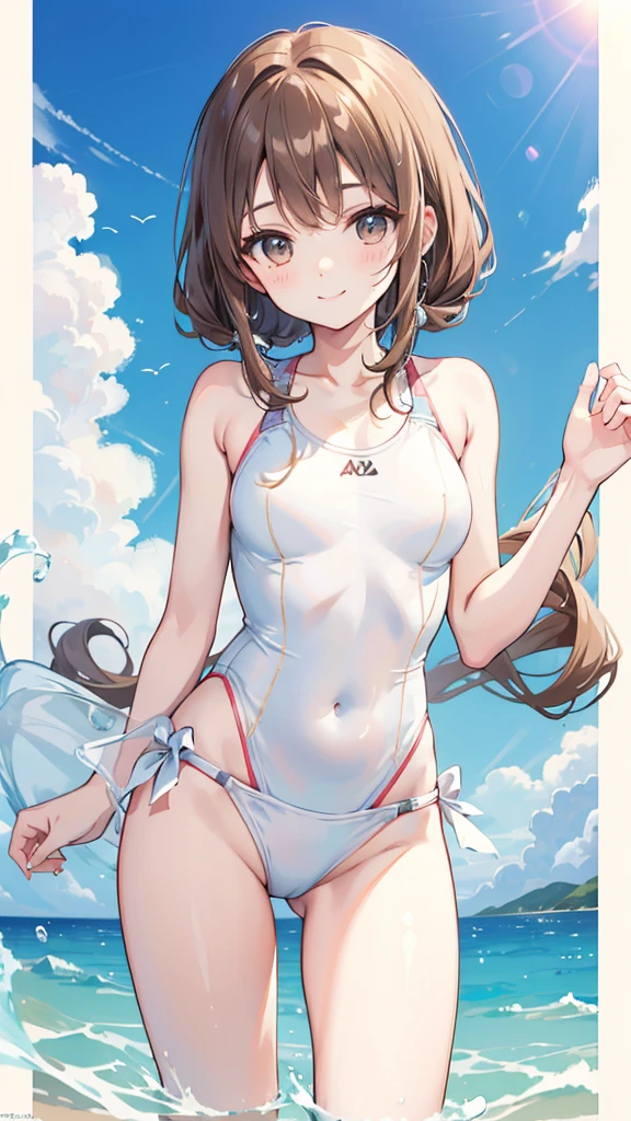 White competitive swimsuit Brown wavy hair Young sister Great style A gentle smile She's wearing nothing but her swimsuit