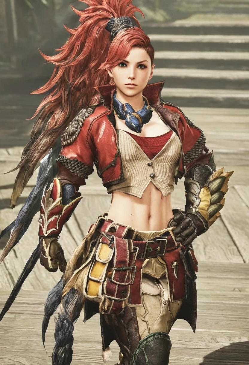 valstrax (crimson claw armor), female clothing, huntress, monster hunter rise, Red hair