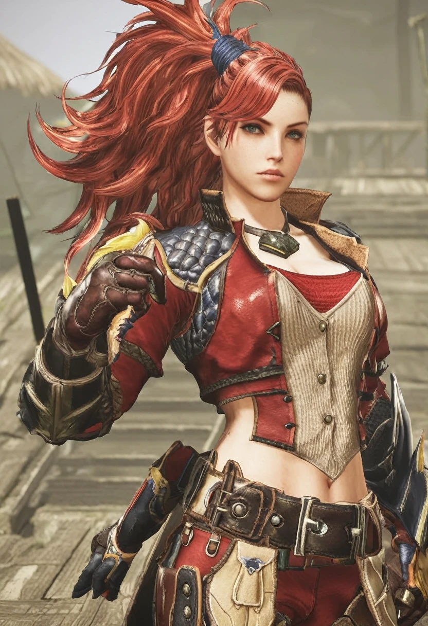 valstrax (crimson claw armor), female clothing, huntress, monster hunter rise, Red hair