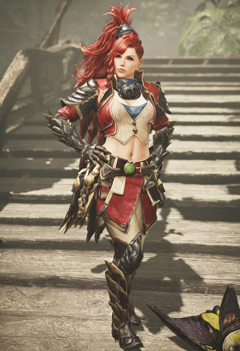 valstrax (crimson claw armor), female clothing, huntress, monster hunter rise, Red hair