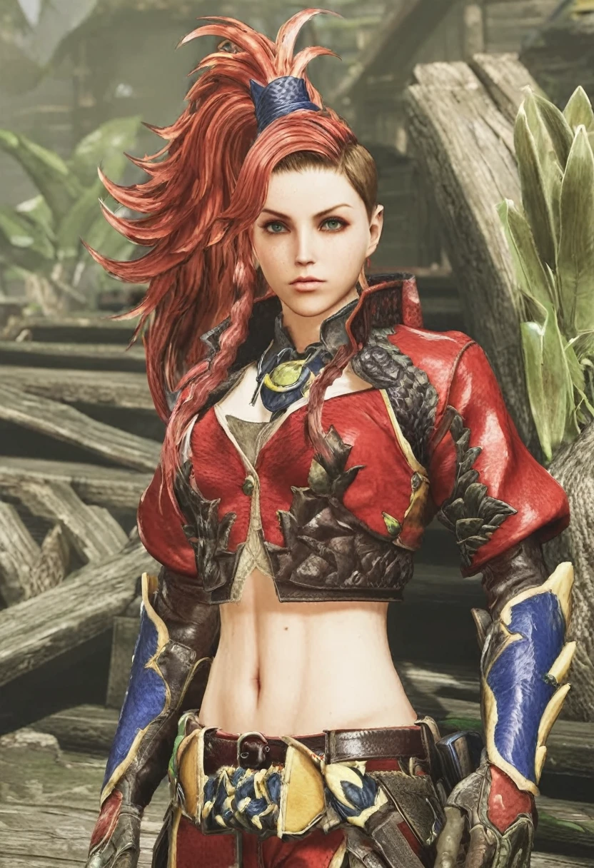 valstrax (crimson claw armor), female clothing, huntress, monster hunter rise, Red hair