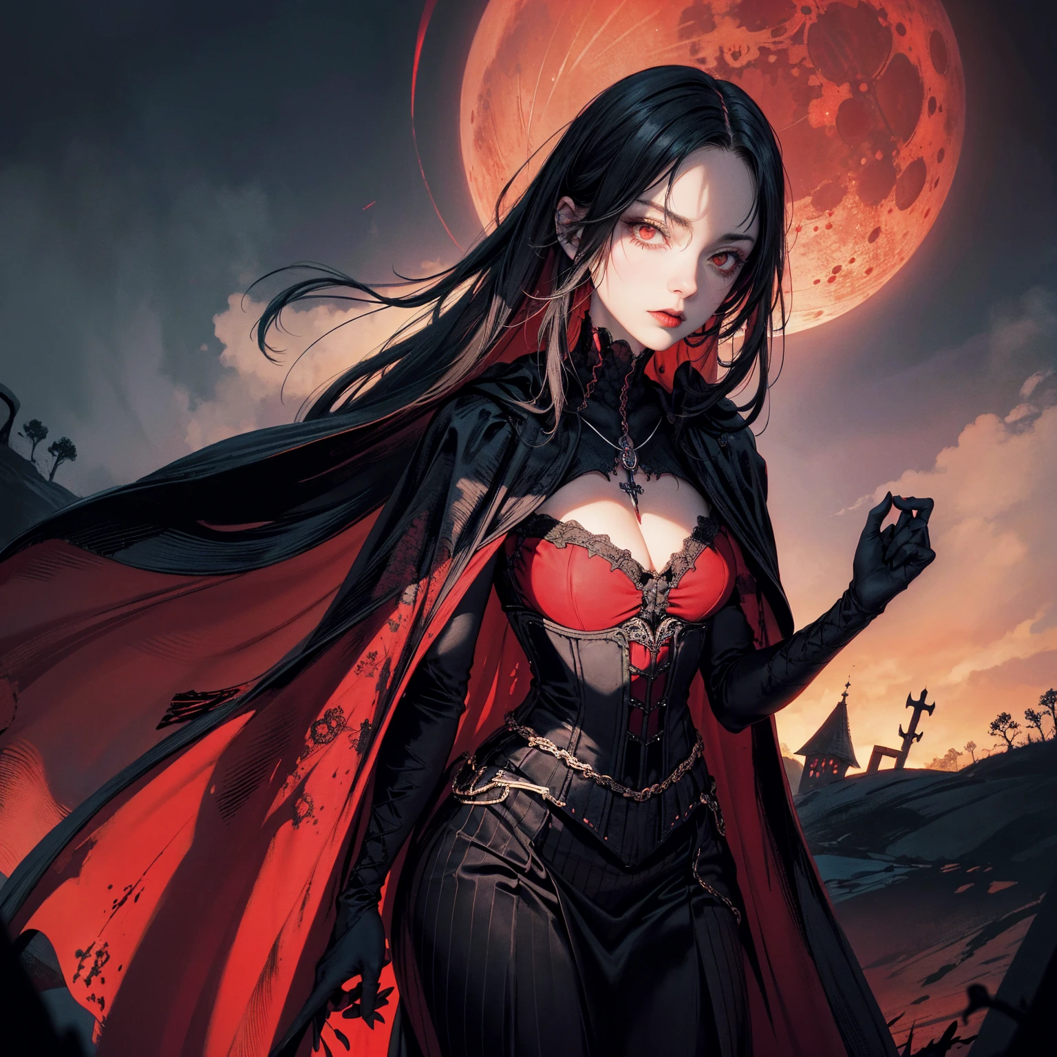 best quality, 4K, high resolution, masterpiece:1.2, Very detailed, actual:1.37, Mood lighting, Girl in a long cape, Wearing a tight gothic skirt that shows a little skin above the chest, Reflective glossy corset, Dangerous sneer, Black Hair, Standing, Face facing the camera, Crucified, Pitch black sky, Blood-red moon, strange atmosphere, Gothic style, Unforgettable beauty, Dramatic shadows, Ethereal Light, Mysterious atmosphere.