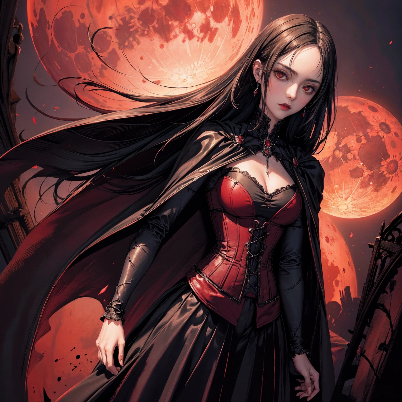 best quality, 4K, high resolution, masterpiece:1.2, Very detailed, actual:1.37, Mood lighting, Girl in a long cape, Wearing a tight gothic skirt that shows a little skin above the chest, Reflective glossy corset, Dangerous sneer, Black Hair, Standing, Face facing the camera, Crucified, Pitch black sky, Blood-red moon, strange atmosphere, Gothic style, Unforgettable beauty, Dramatic shadows, Ethereal Light, Mysterious atmosphere.