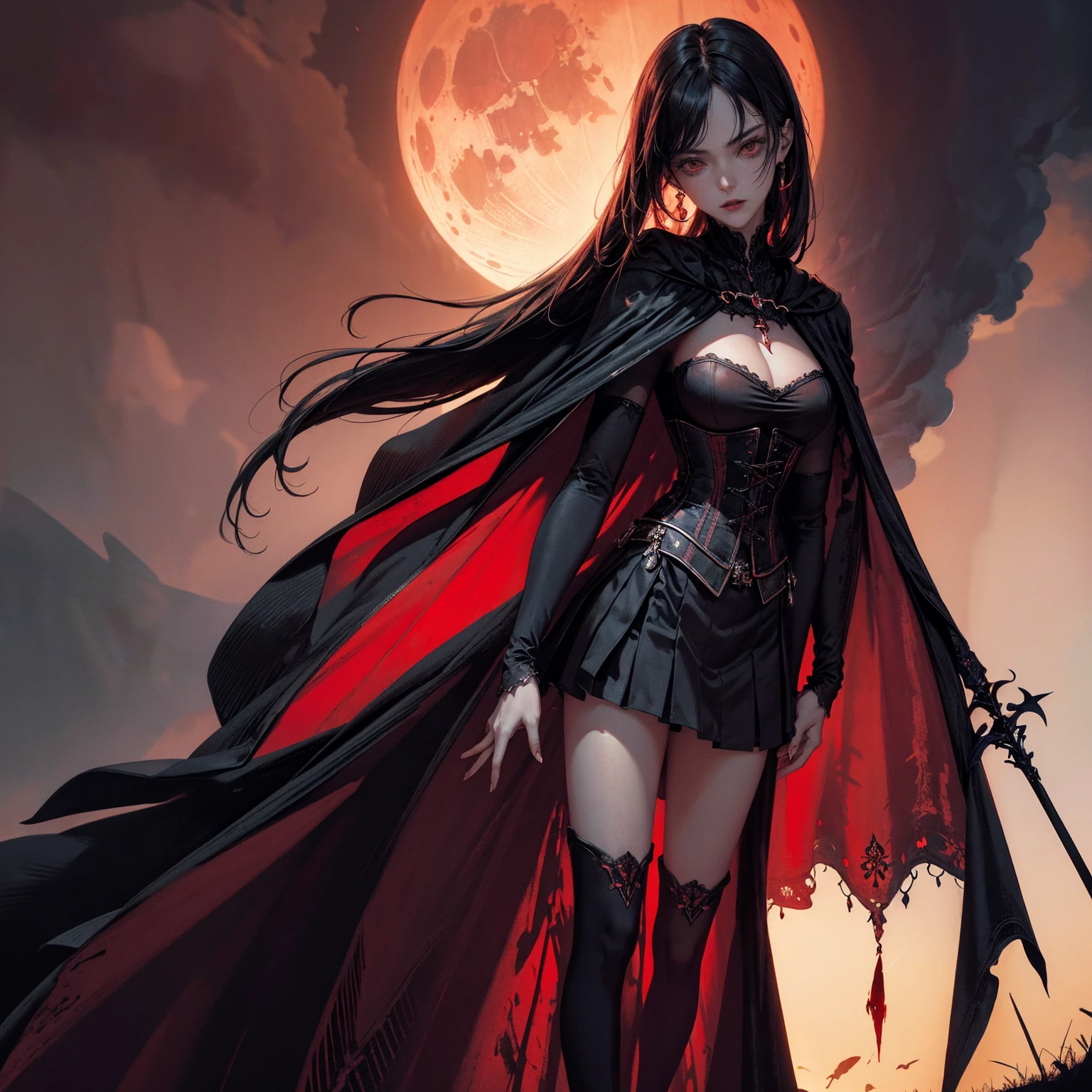 best quality, 4K, high resolution, masterpiece:1.2, Very detailed, actual:1.37, Mood lighting, Girl in a long cape, Wearing a tight gothic skirt that shows a little skin above the chest, Reflective glossy corset, Dangerous sneer, Black Hair, Standing, Face facing the camera, Crucified, Pitch black sky, Blood-red moon, strange atmosphere, Gothic style, Unforgettable beauty, Dramatic shadows, Ethereal Light, Mysterious atmosphere.