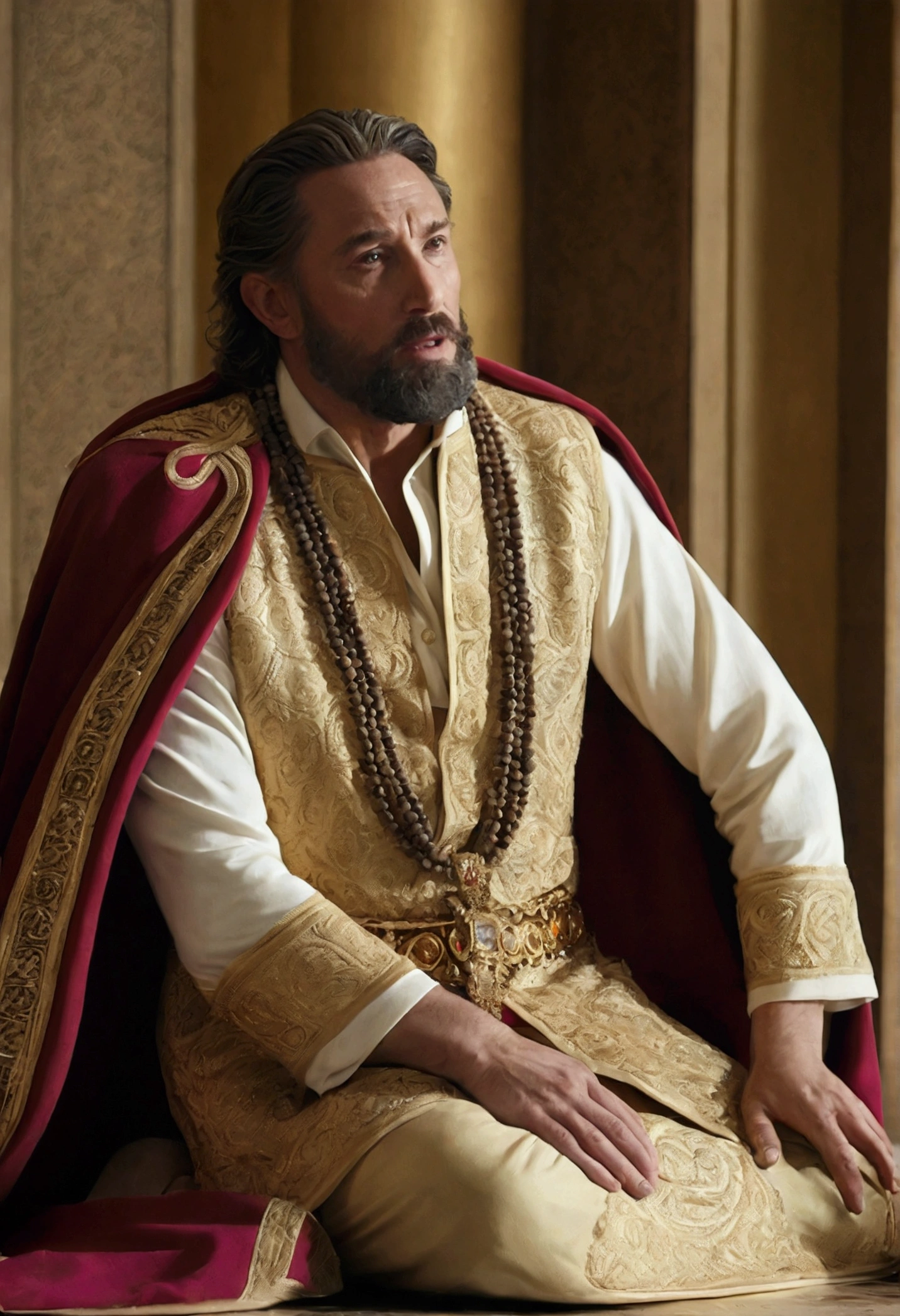 Create an illustration that represents the parable of the Rich Man and Lazarus. The scene must be divided into two distinct parts.
On the left side, show the rich dressed in luxurious clothes of vibrant colors, sitting at a table full of delicious food, in an opulent and decorated environment. Your expression should be one of satisfaction and indifference.
In the right side, represent Lazarus, a poor and sick man, dressed in tattered, fragile-looking clothes, lying on the floor near the rich man's table. He must have an expression of suffering and despair. Dogs lick their wounds, symbolizing their misery and abandonment.
No fundo, draw a clear separation between the two scenes, like a line or a change in color palette, to emphasize the contrast between wealth and poverty.
Add a Subtle Detail, like a heavenly light in the background of Lazarus's side, hinting at your future reward in heaven