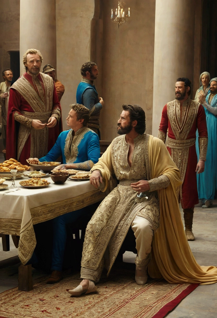 Create an illustration that represents the parable of the Rich Man and Lazarus. The scene must be divided into two distinct parts.
On the left side, show the rich dressed in luxurious clothes of vibrant colors, sitting at a table full of delicious food, in an opulent and decorated environment. Your expression should be one of satisfaction and indifference.
In the right side, represent Lazarus, a poor and sick man, dressed in tattered, fragile-looking clothes, lying on the floor near the rich man's table. He must have an expression of suffering and despair. Dogs lick their wounds, symbolizing their misery and abandonment.
No fundo, draw a clear separation between the two scenes, like a line or a change in color palette, to emphasize the contrast between wealth and poverty.
Add a Subtle Detail, like a heavenly light in the background of Lazarus's side, hinting at your future reward in heaven