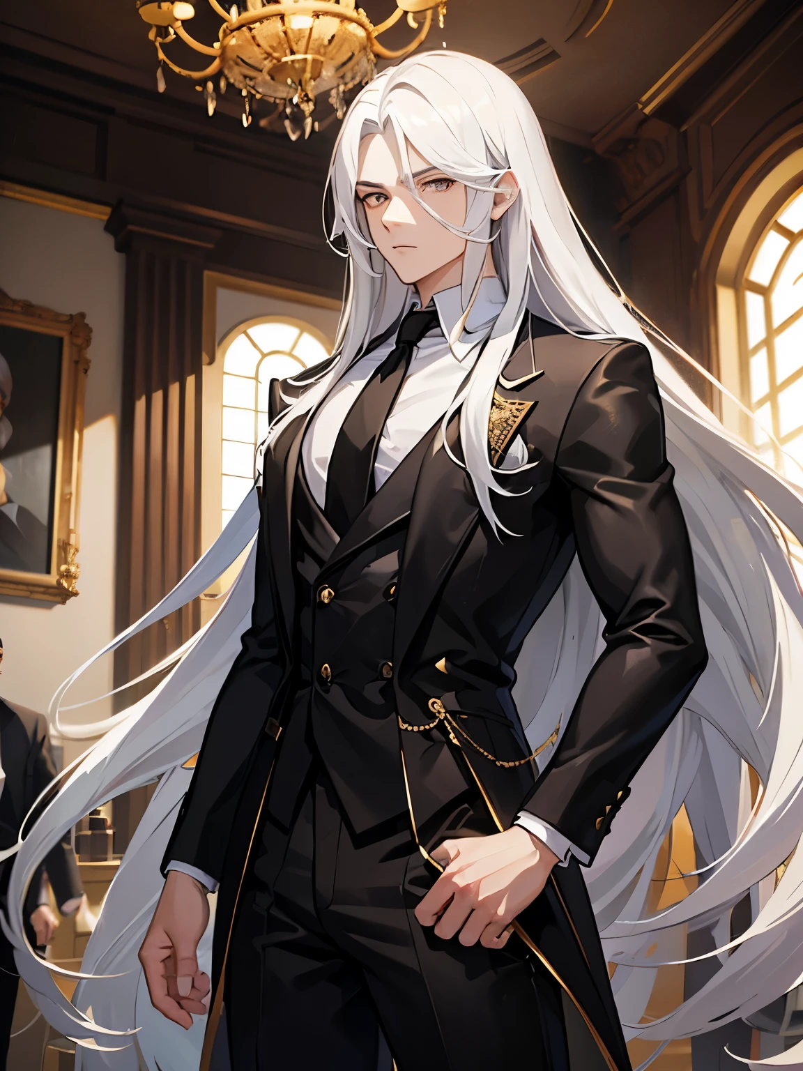Man with long white hair, twenty years old, muscled body, Black Suit, gold eyes, strong body, mighty, Interior of a mansion