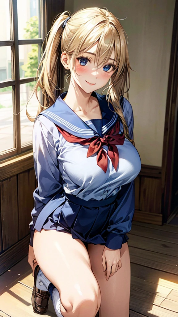 (masterpiece:1.3, Highest quality, Ultra-high resolution, Very detailed), (Realistic, photoRealistic:1.4), Beautiful illustrations, Perfect lighting, Natural light, colorful, Written boundary depth, NFSW,
View your viewers, 1 Girl, Japanese, high school girl, Perfect Face, Cute and symmetrical face, Shiny skin, Sunburned skin,
(Twin tails:1.5, Blonde), Hair between the eyes, blue eyes, (Large , seductive Thighs, Big Ass), Ths, sum,
Beautiful Hair, Beautiful Face, Beautiful attention to detail, Beautiful clavicle, Beautiful body, Beautiful breasts, 美s, Beautiful feet, Beautiful fingers,
(Beautiful views), (Pose to open legs), (Captivating smile,), (School uniform),(loose socks)