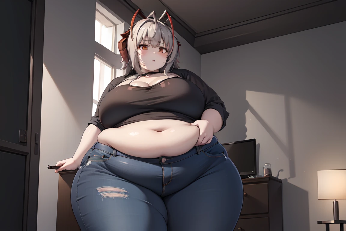 w_arknights, wide hips, torn clothes, massive hips, black buttoned shirt, jeans, apartment, glass walls, big cleavage