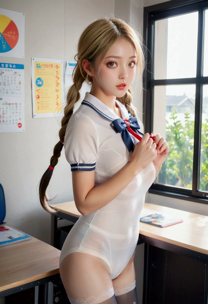 masutepiece、Ultra-high definition animation quality、8K、school classrooms、hi-school girl、18year old、delicated face、Red cheeks、half-opened mouth、poneyTail、Sailor suit with short sleeves、stick out buttocks、I put my hands on the desk and turned around..、Pose with buttocks sticking out、White sheer panties、big butteaty thighs、Perfect limbs、Lusting、Wet crotch、A look of shame、perspiring