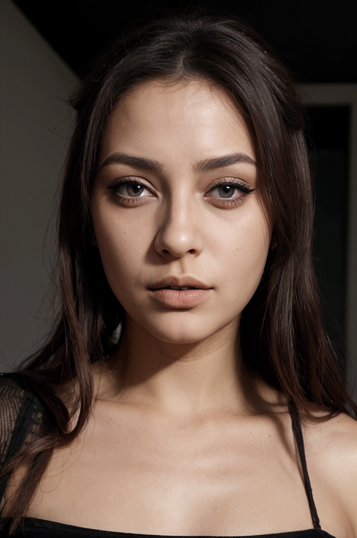un contact visuel d'une femme tunisienne, jeune, sexy, sceptique, compliqué, eye-liner graphique, matte Lèvrestick, surexposé, sourcils fins, Lèvres, indietronique, éclairage des silhouettes, filtre grunge désaturé