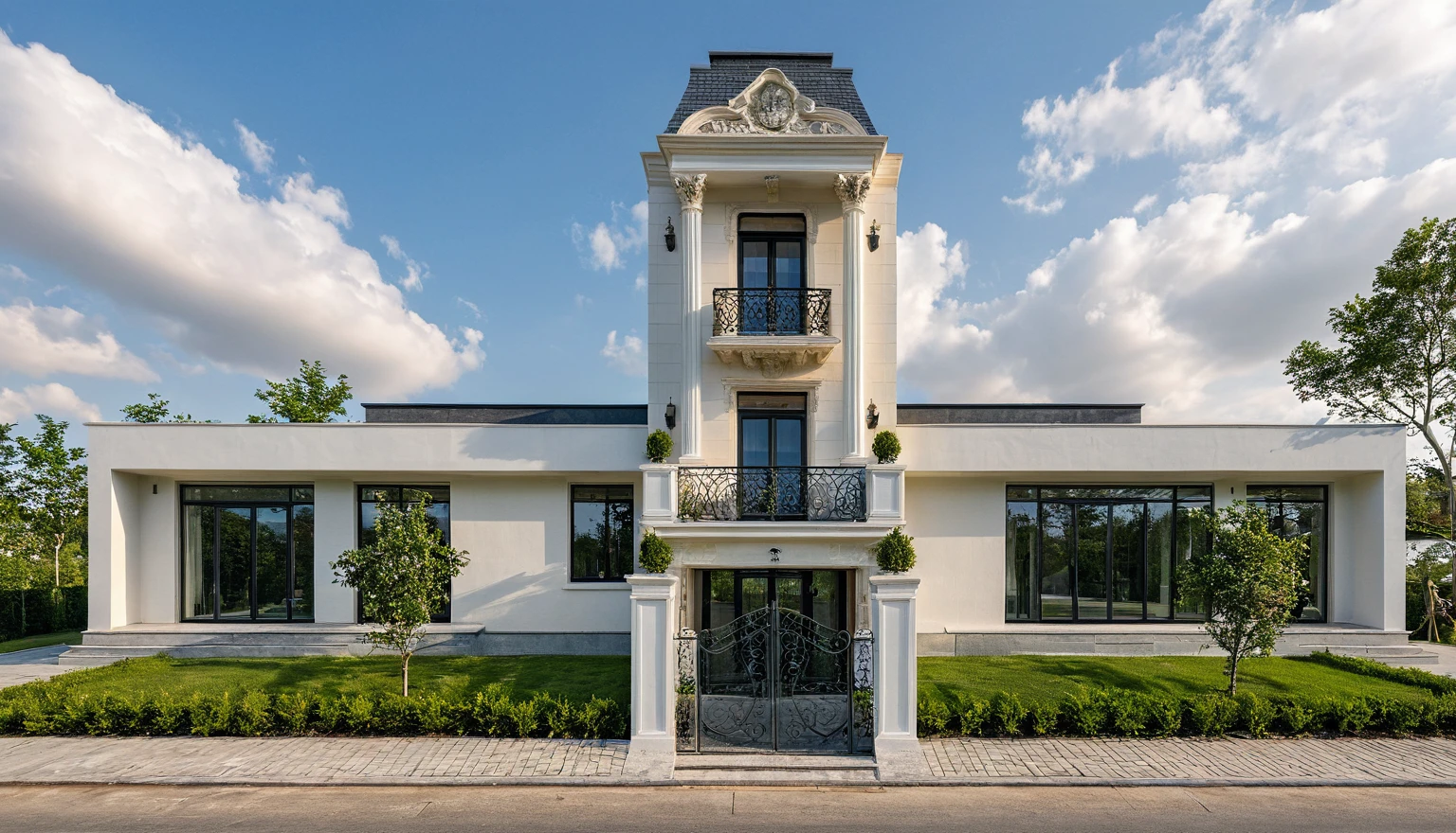 Masterpiece, high quality, best quality, authentic, super detail, outdoors, onestoreyvillaXL, aiaigroup, house style classic on the street, stairs, white wall ,road, pavement, grass, trees, sky, cloud, mansard roof (daylight:1.1)
