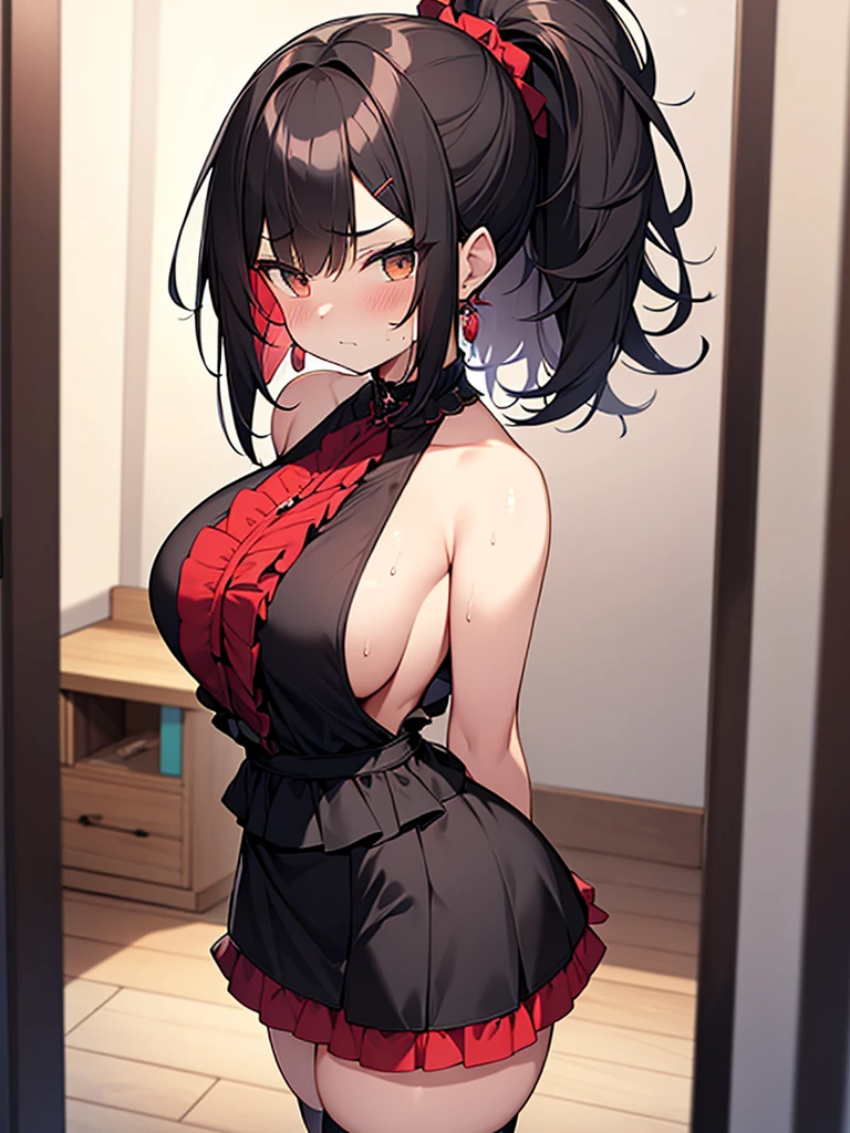 NSFW Standing pose Anime drawing with vivid colors Tall woman:1.9 Black and red frilly idol-style sexy cosplay costume miniskirt, beautiful back, fluttering multi-layered frill skirt, troubled face, glaring, wrinkles on eyebrows, sweat, flushed cheeks, night:1.3 Apartment bedroom, white sheets, short black hair, ponytail:1.9 Straight hair, bangs swept to the side:1.9. Slanted eyes, brown eyes, tall, big breasts, strong-willed, beautiful