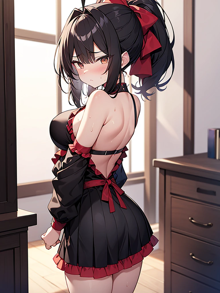 NSFW Standing pose Anime drawing with vivid colors Tall woman:1.9 Black and red frilly idol-style sexy cosplay costume miniskirt, beautiful back, fluttering multi-layered frill skirt, troubled face, glaring, wrinkles on eyebrows, sweat, flushed cheeks, night:1.3 Apartment bedroom, white sheets, short black hair, ponytail:1.9 Straight hair, bangs swept to the side:1.9. Slanted eyes, brown eyes, tall, big breasts, strong-willed, beautiful