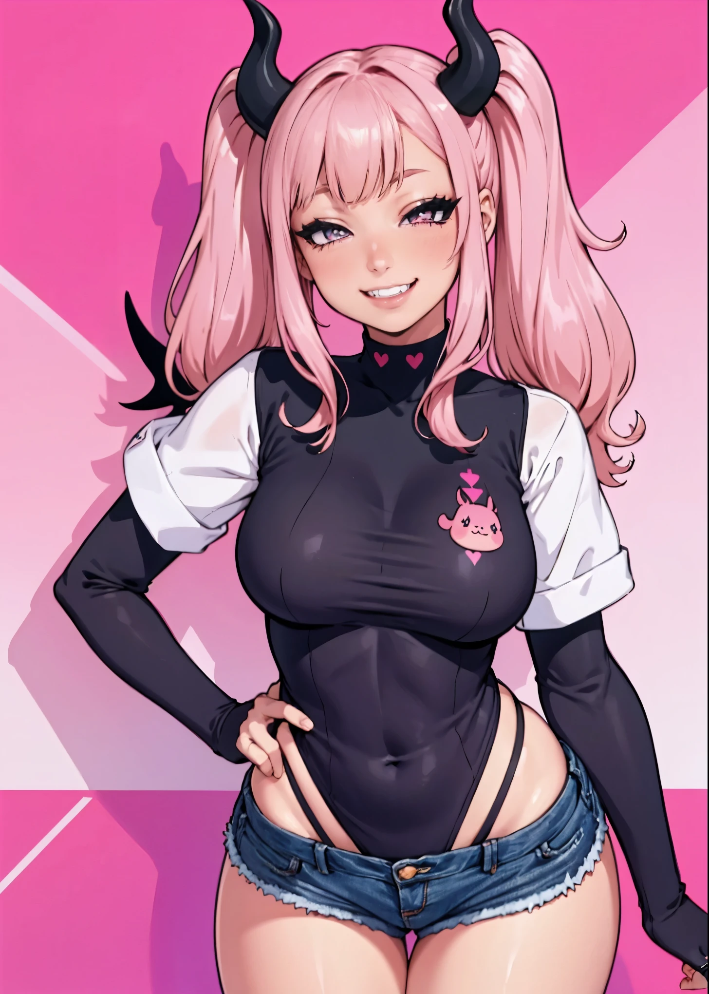 big lips, pink hair, pink eyes, japanese face, gyaru, huge breasts, wide hips, sexy, pink theme, kawaii, detailed, decora, bangs, grin, gyaru outfit, kawaii, pink and black outfit,, horns, cute succubus, small succubus wings, winking, eye wink, , twin tails, winky face,perfect angle, HD quality, 8k, pink eyes, loser hand sign, loser, L, twin tails, mini shorts, colorful, evil, fangs, kawaii