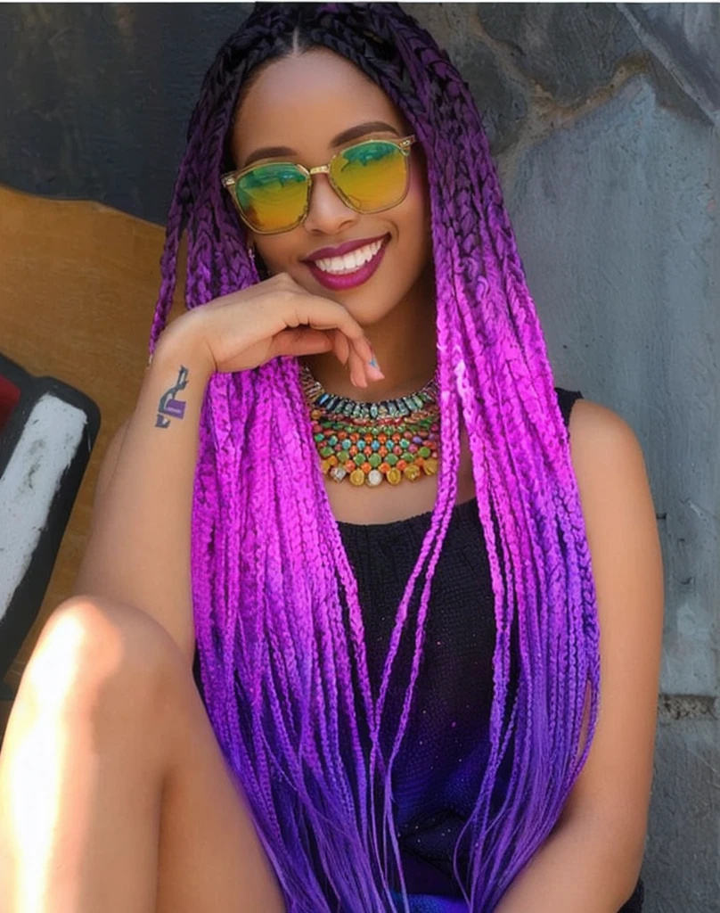 arafed woman with purple hair and sunglasses sitting on a bench, long braided purple hair, vibrant hues, box braids, she has purple hair, purple hair portrait of woman, long purple hair, ombre purple and pink hairstyle, vivid ultraviolet colors, vibrant colour, black to purple fade hairstyle, long braids, vibrant and vivid, brilliantly colored