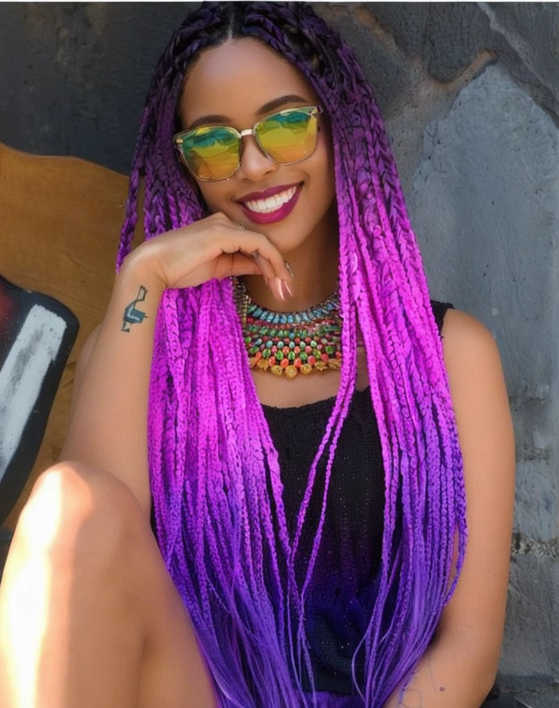 arafed woman with purple hair and sunglasses sitting on a bench, long braided purple hair, vibrant hues, box braids, she has purple hair, purple hair portrait of woman, long purple hair, ombre purple and pink hairstyle, vivid ultraviolet colors, vibrant colour, black to purple fade hairstyle, long braids, vibrant and vivid, brilliantly colored