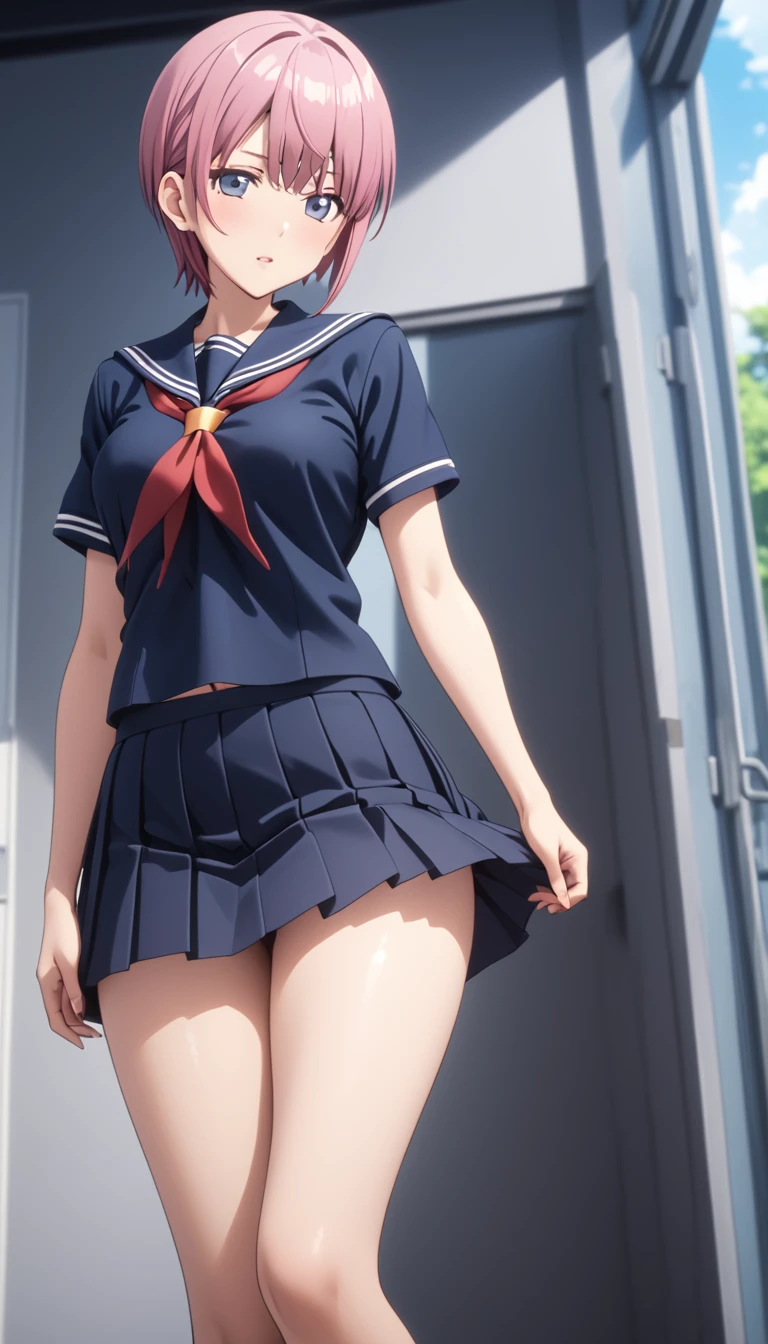 (Highest quality、Masterpiece、Very detailed、4K)、One Woman、************、Pink Hair、short hair、(((Nakano Ichika)))、chest、arm、Beautiful navel、Beautiful thighs、(((school uniform)))、((Are standing))