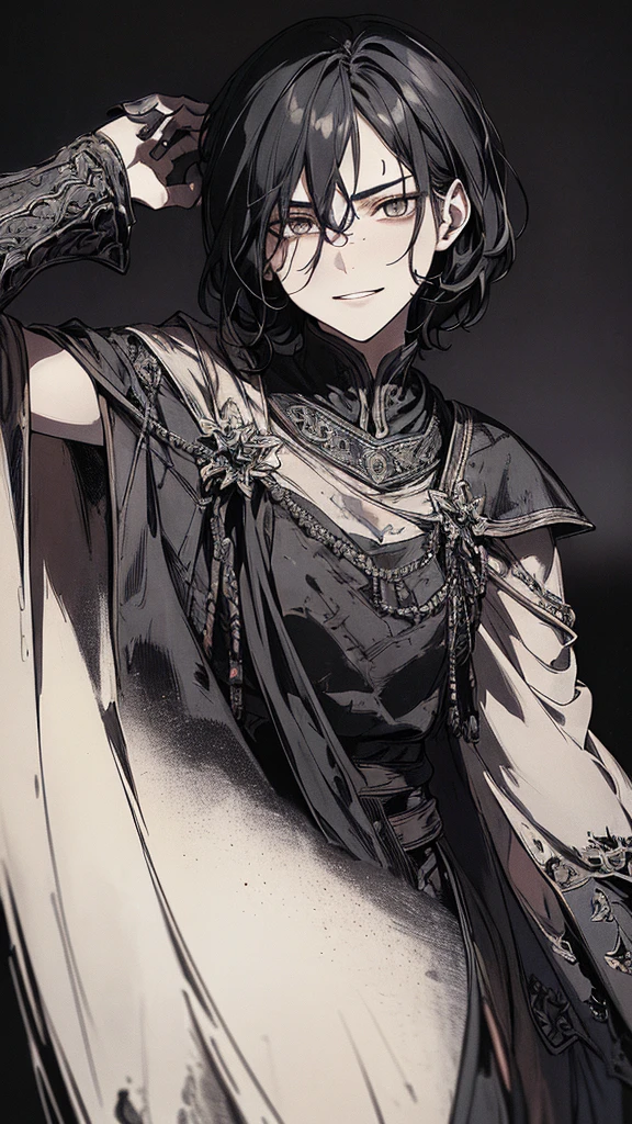 Highest quality, (background_detailed), expensive_Contrast, detailed_original_figure, Warrior, Muscular, Villain Face, Armor, full_body, Medieval, Wrinkles between the eyes, Young people, 20-year-old male, dark_stitch_landscape, (dramatic_Lighting:1. 25), (Shaded_background:1.2), black_hair, (short black hair:) 1.1 ), Delicate face, Wicked Smile, Sharp eyes, Black background, (Black background:1.5), Beautiful line art, 白black