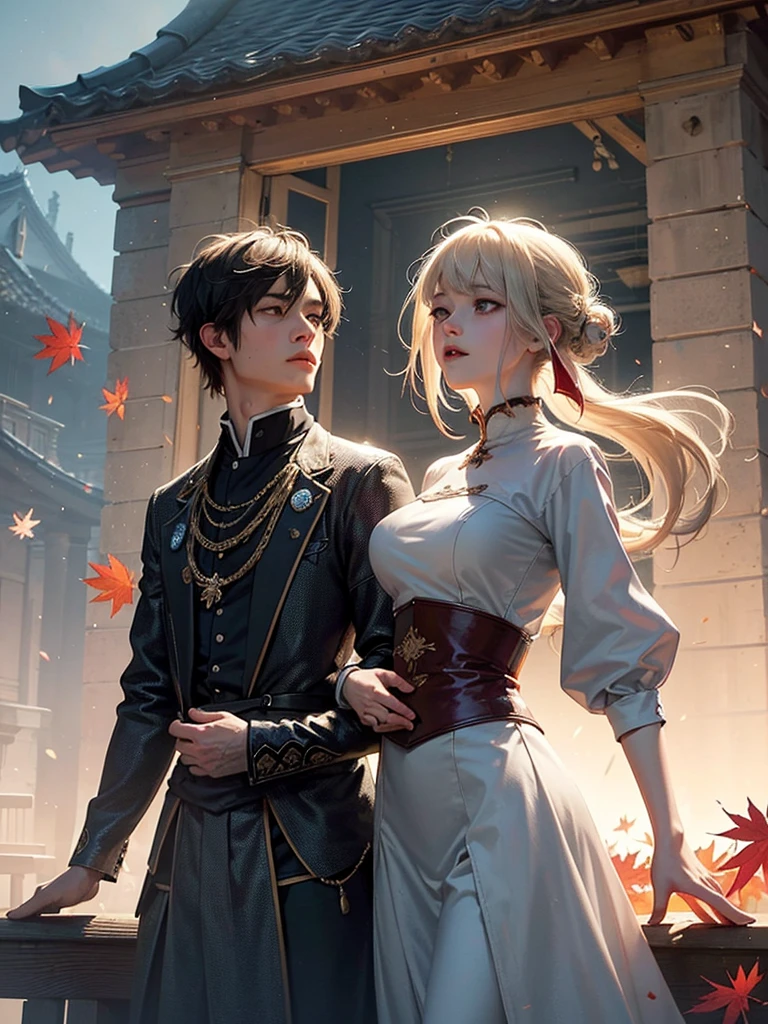 Official Art, Unity 8k Wallpaper, Extremely Detailed, Beautiful and Aesthetic, Masterpiece, Best Quality, (Zen Dispute, Mandala, Dispute, En Dispute), (Fractal Art:1.3), 1 Couple, Extremely Detailed, Dynamic Angle, Cowboy Shot, The Most Beautiful Form of Chaos, Elegant, Barbarian Design, Vibrant Colors, by James Jean, Robby de Ville, Antonio Ross, French Bacon, Cold Weather, Adrian Genius, Petra Koreit, Gerhard Richter, Takato Yamamoto, Ashley Wood, Atmospheric, Ecstasy of Notes, Flowing Notes Clearly Visible, a Couple Feeling Sad After Breaking Up, Back to Back, in Autumn Afternoon with Falling Red Maple Leaves