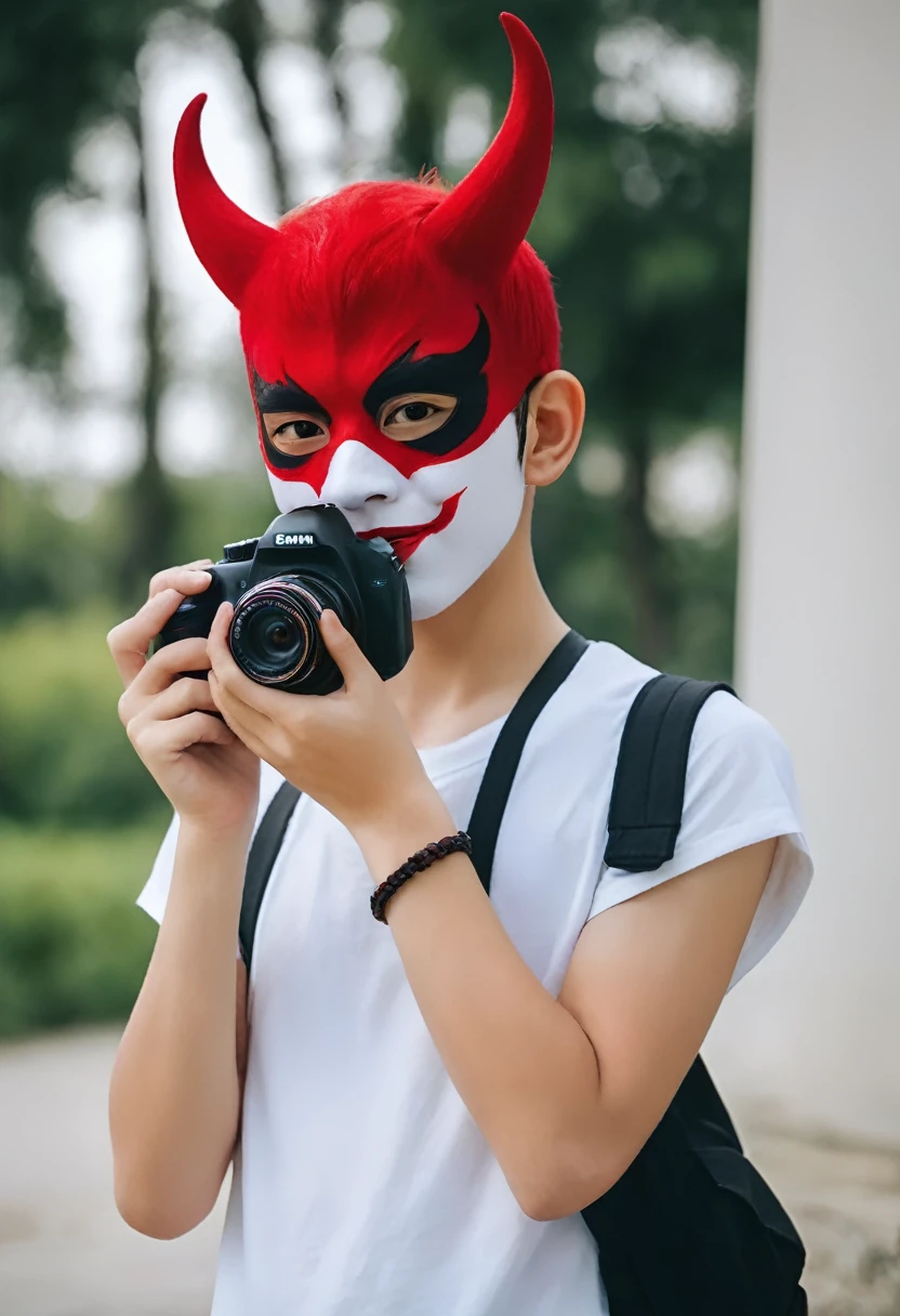  boy with red demon mask with golden touches with a camera