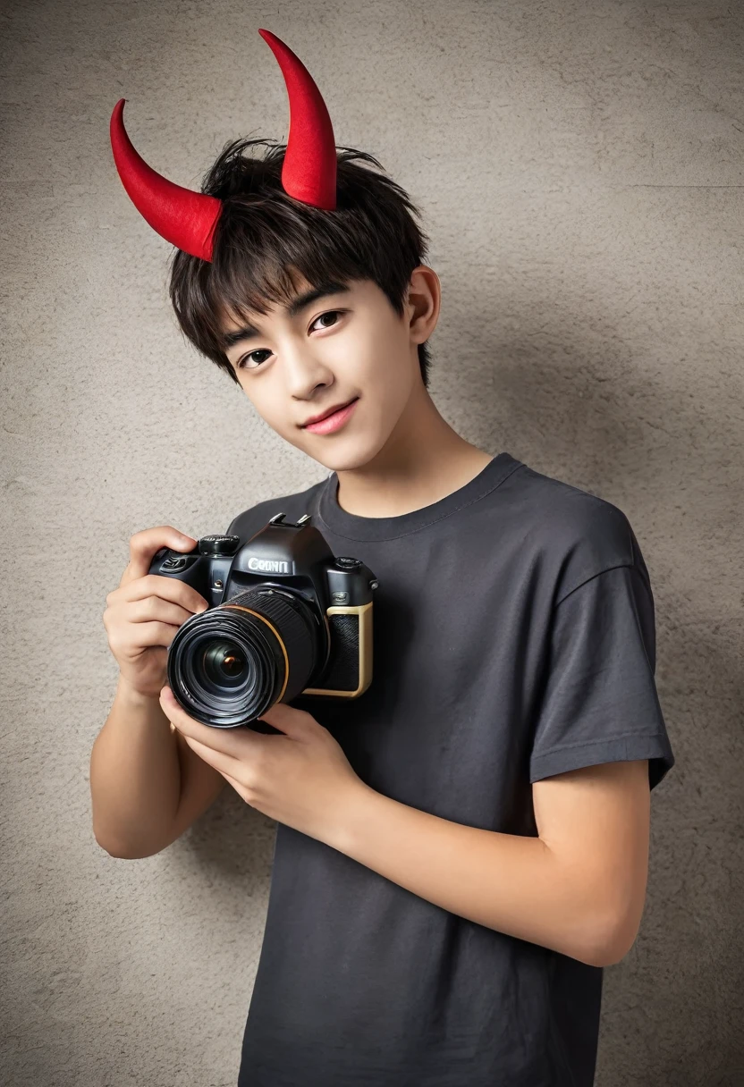 teenage boy with red demon mask with golden touches with a camera