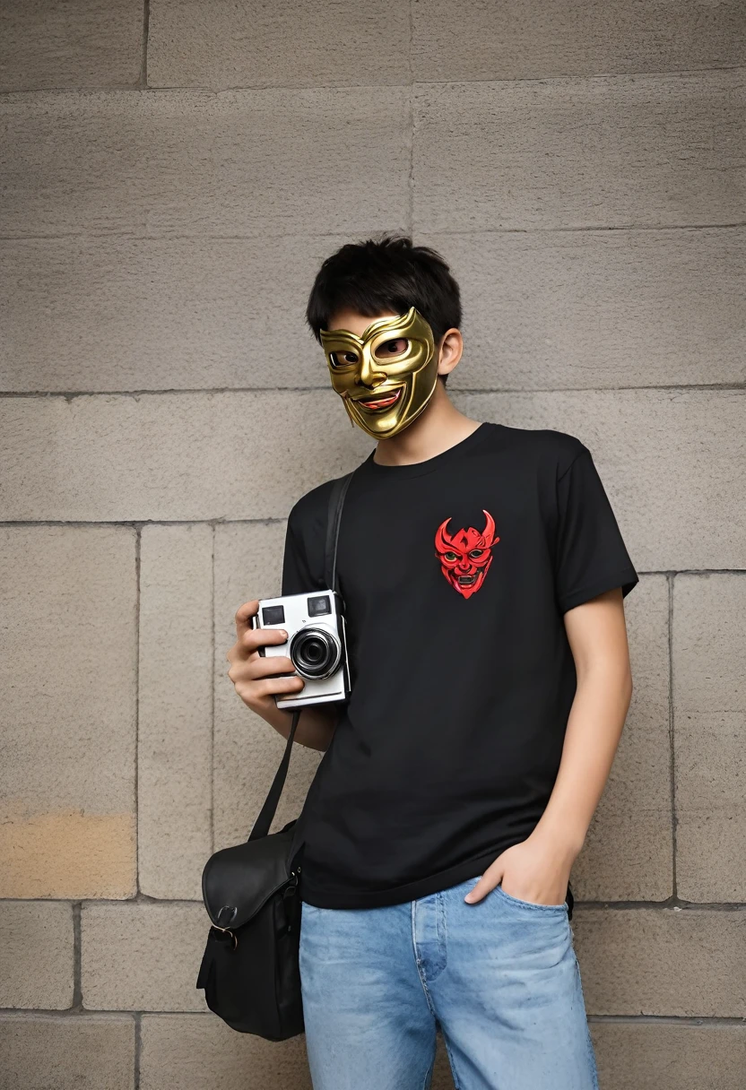teenage boy with red demon mask with golden touches with a camera