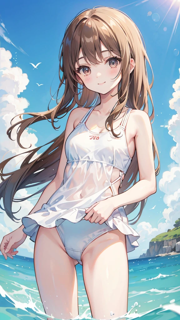 White competitive swimsuit　Brown wavy hair　Young sister　Great style　A gentle smile　She&#39;s wearing nothing but her swimsuit