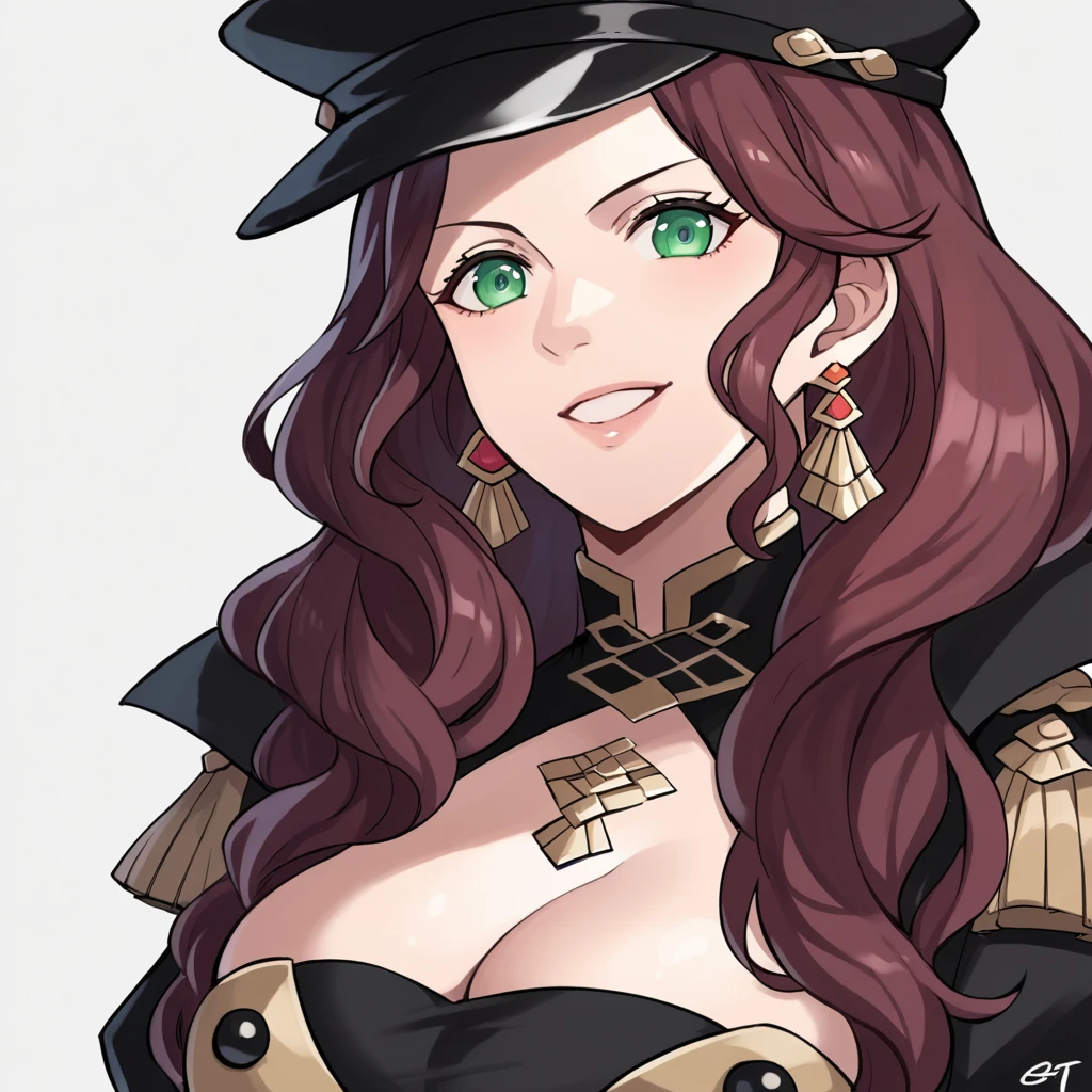 score_9, score_8_up, score_7_up, source_anime, Dorothea (Fire Emblem), bust shot, close-up, mldortgm, black headwear, (black uniform), brown hair, dangle earrings, gold trim, green eyes, jewelry, large breasts, cleavage, long hair, black peaked cap, black hat, looking at the viewer, smile