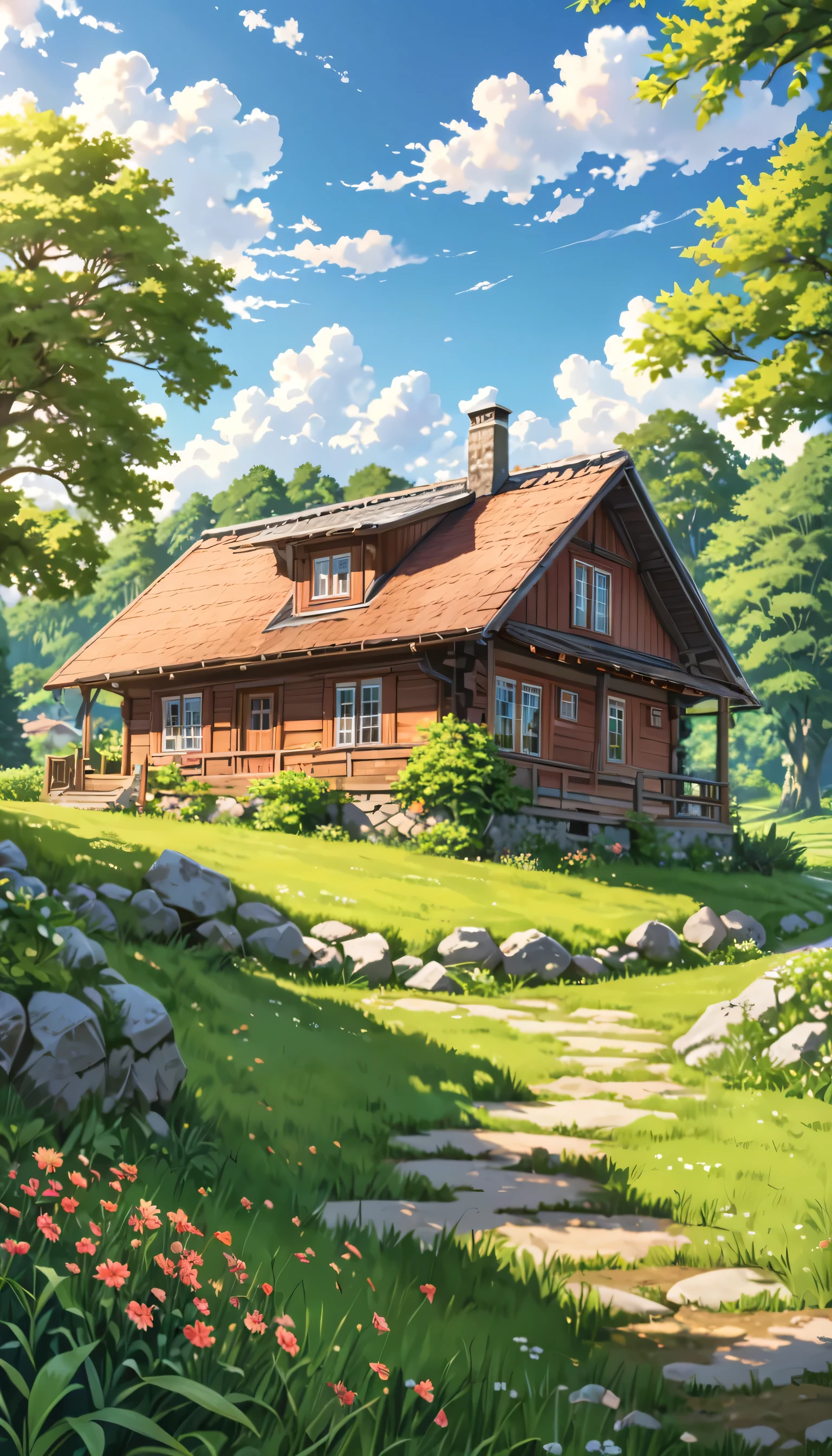 a beautiful house in the countryside, 1 story house, country house, rustic house, wooden house, farmhouse, green grass, lush trees, blue sky, fluffy clouds, sunlight, peaceful landscape, tranquil scene, (best quality, 4k, 8k, highres, masterpiece:1.2), ultra-detailed, (realistic, photorealistic, photo-realistic:1.37), natural lighting, serene, idyllic, warm color palette