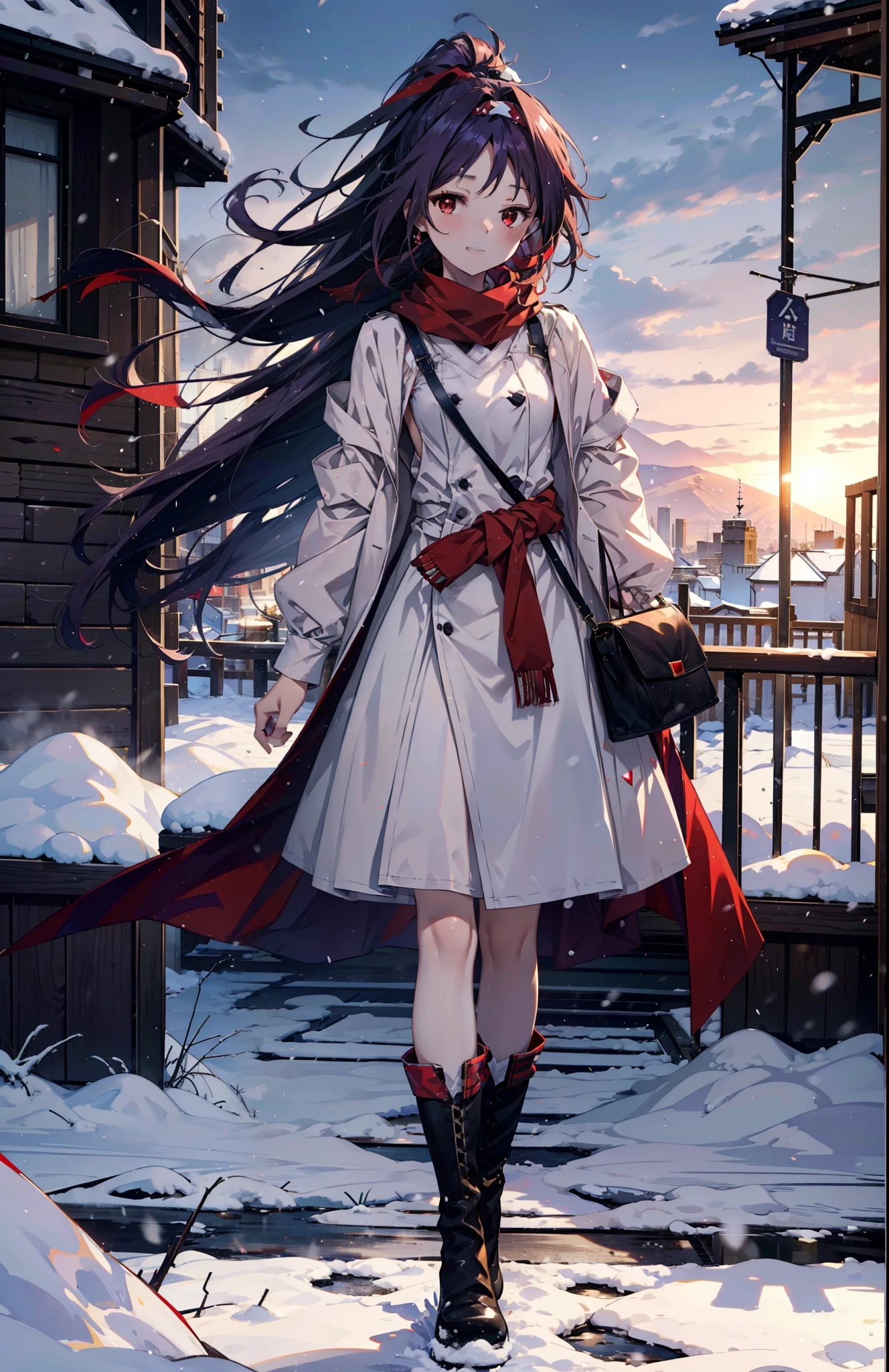 yuukikonno, Konno Yuuki, Long Hair, Pointed Ears, Purple Hair, (Red eyes:1.5), (Small breasts:1.2), Open your mouth,happy smile, smile, Open your mouth,hair band,low ponytail,Red Scarf,Purple long coat,V-neck sweater,Long skirt,short boots,snowが降っている,snowが降り積もっている,snow,snow,snow,snow,winter,Cold night,Walking,whole bodyがイラストに入るように,Looking down from above,
break looking at viewer,  whole body,
break outdoors, In town,
break (masterpiece:1.2), Highest quality, High resolution, unity 8k wallpaper, (figure:0.8), (Beautiful attention to detail:1.6), Highly detailed face, Perfect lighting, Highly detailed CG, (Perfect hands, Perfect Anatomy),