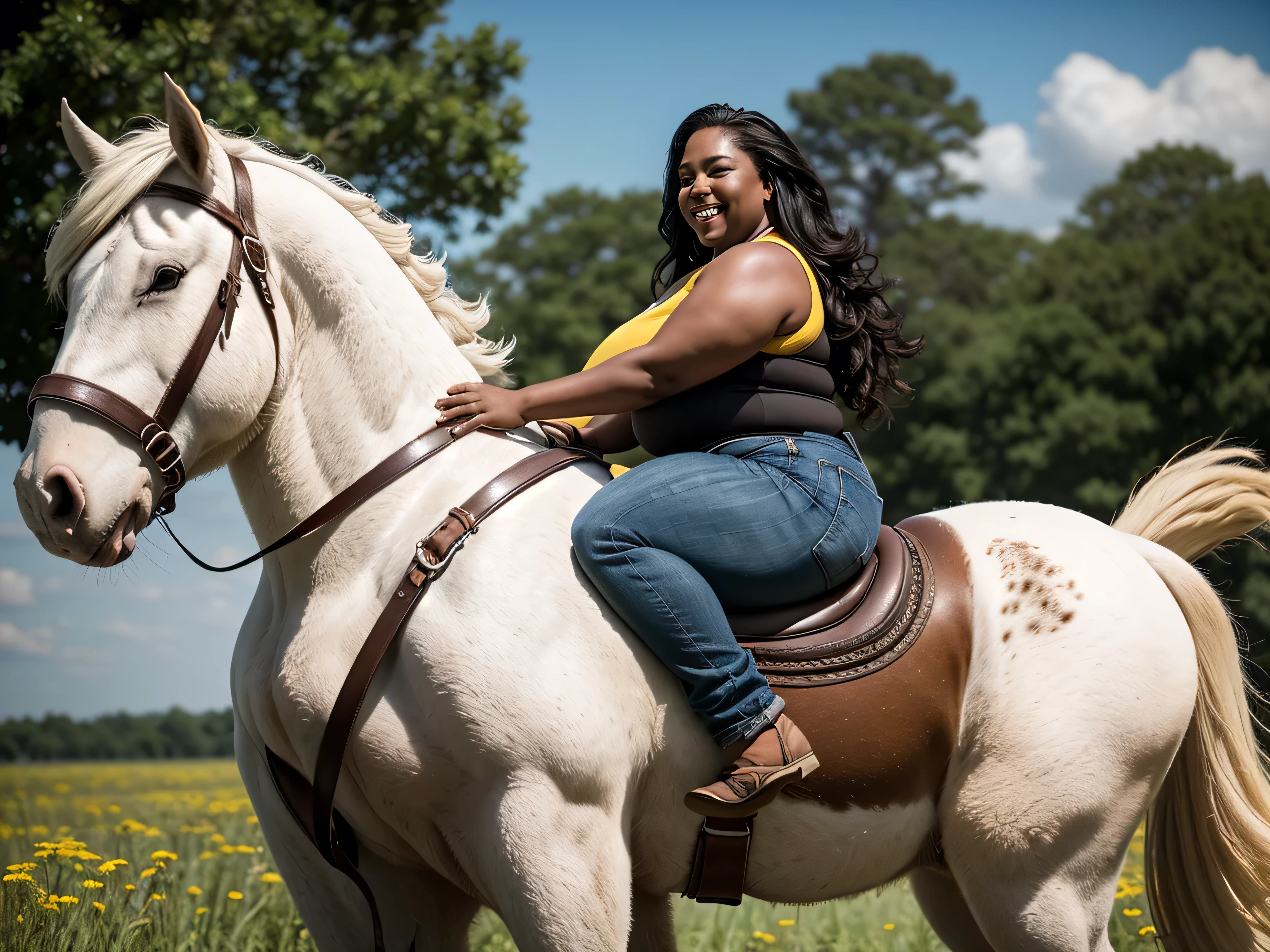 full side  view of a very full-figured  BBW woman ((riding a big draft horse):1.2), booty shorts, jeans, yellow tank top,  long hair, smiling, dark skin, . shallow depth of field, highly detailed, high budget, bokeh,  moody, epic. grass meadow. ((cartoon style):1.3). anatomically correct.