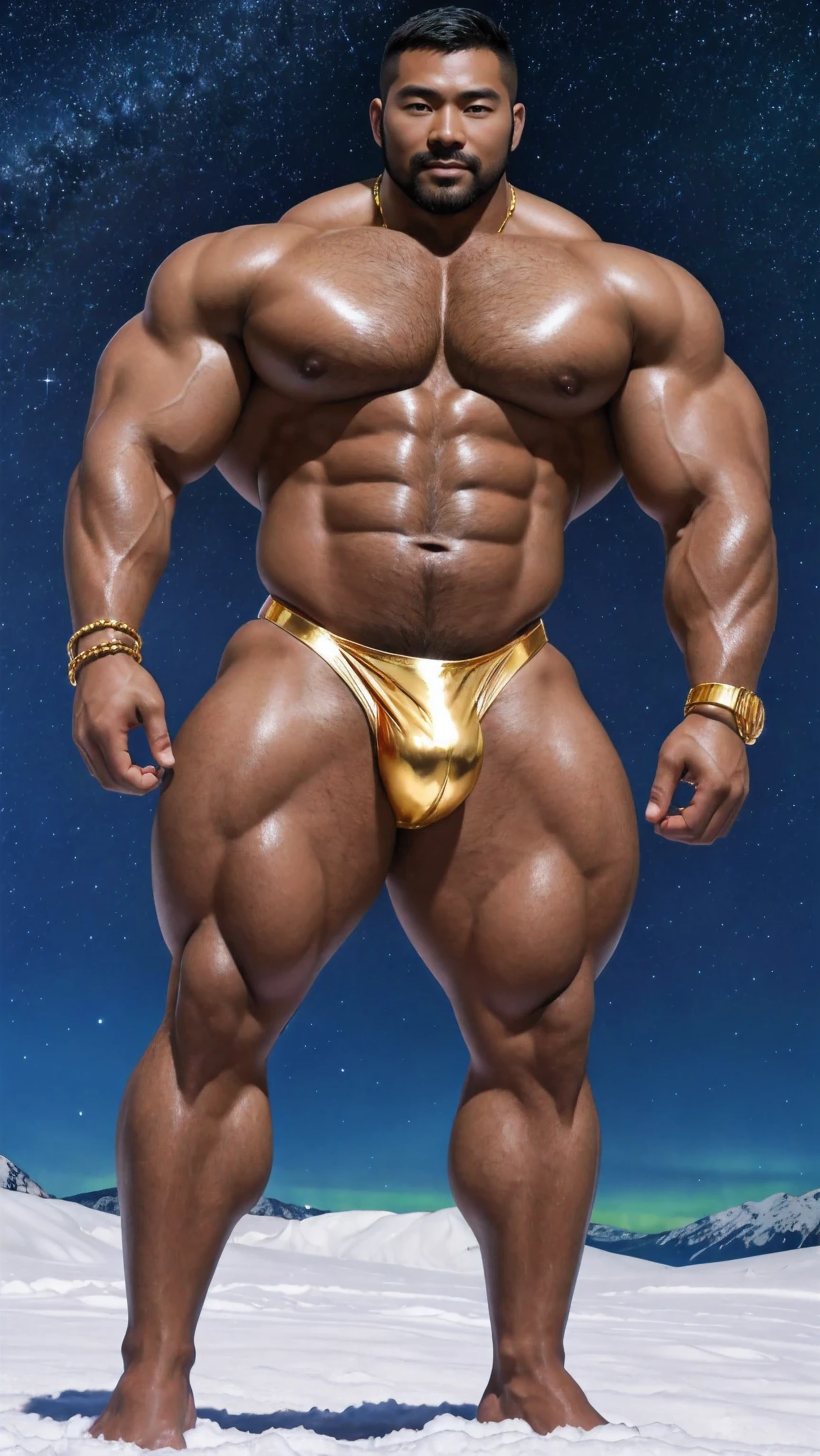 There is only one handsome Chinese man in the photo,35 years old,tall, Fitness,Smooth body,Smooth skin,No chest hair,short hair, O-Shaped Beard,Perfect body, Dark skin color,Radiant Skin,Smooth skin,Shiny, shiny skin,Smooth pectoral muscles,Muscle bulge, muscular, Very large pectoral muscles,Very sexy abdominal muscles,Very well-developed leg muscles,Huge concave and convex area,Brightens oily skin,Wearing a shiny gold leather thong,Handsome face,Normal human toes,Correct and accurate male body proportions,Gold Collar,Gold bracelet,Gold anklets,Standing in the snow,Night sky,A sky full of stars,There are auroras,Colorful,Charming dream scene,Epic。